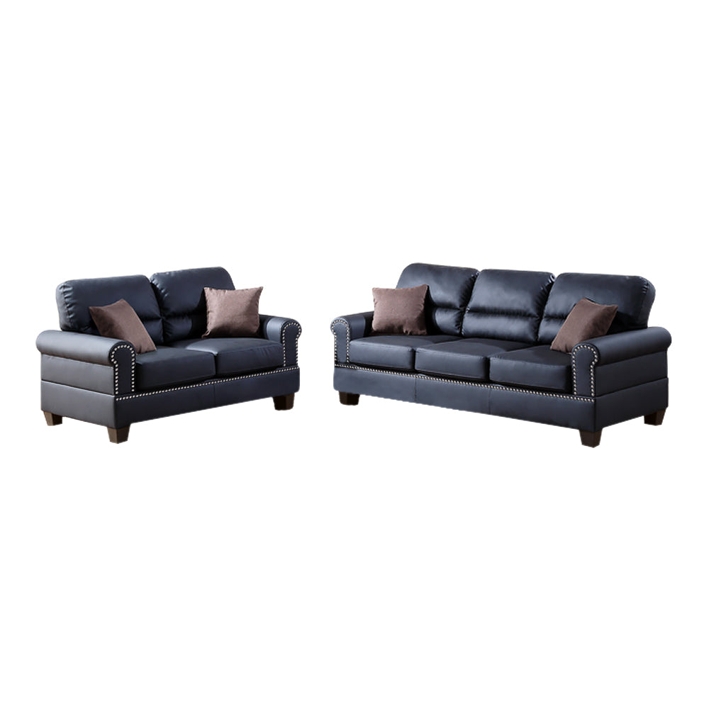 Bonded Leather 2 Pieces Sofa Set With Pillows In Black
