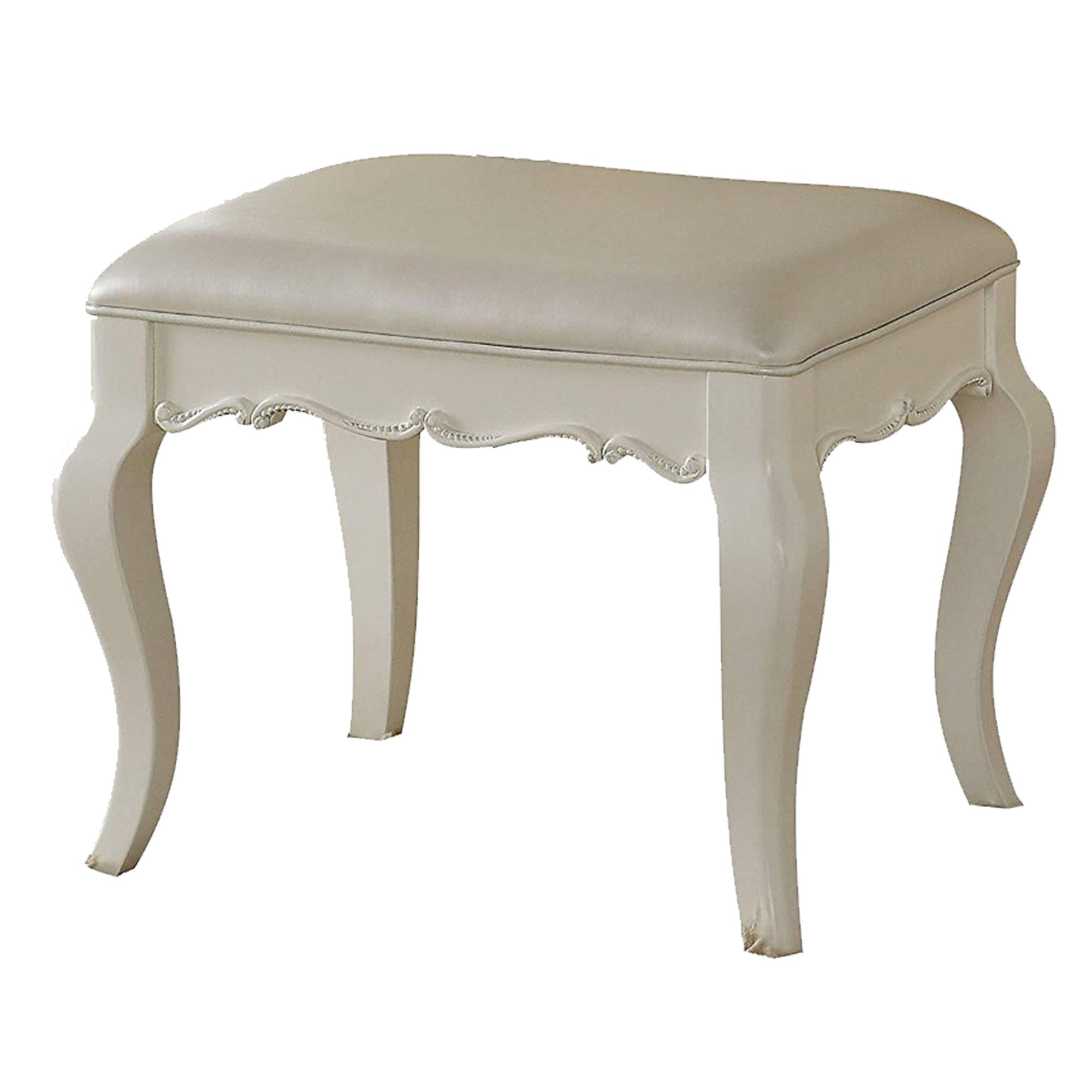 Traditional Style Wood and Leatherette Vanity Stool with Padded Seat, White