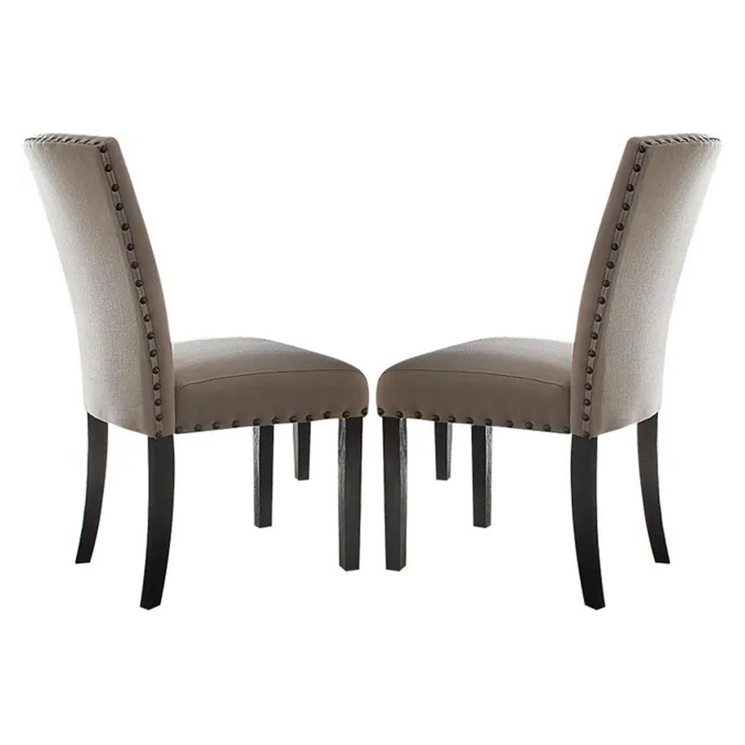 Nailhead Trim Fabric Upholstered Wooden Side Chair, Set of 2, Beige and Brown