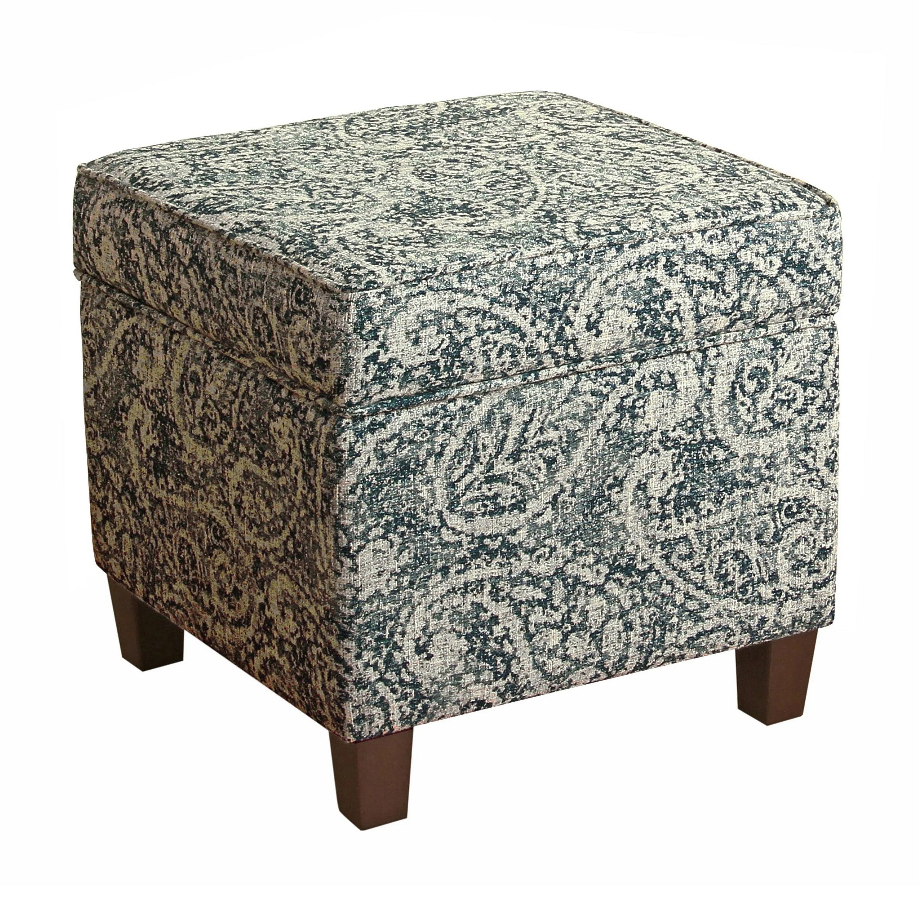 Paisley Pattern Fabric Upholstered Wooden Ottoman with Lift Off Top, Blue and Gray