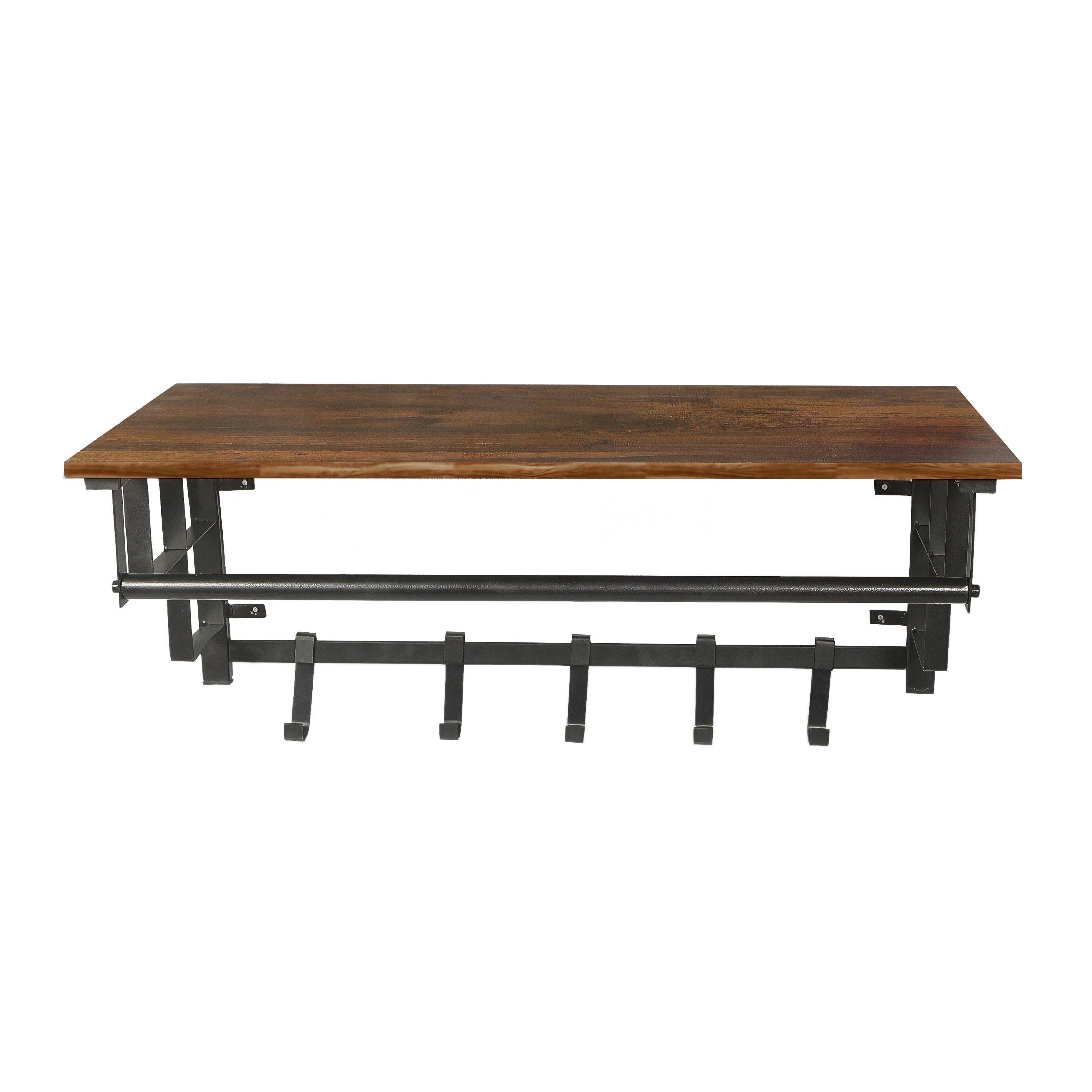 26 Inch Industrial Metal Frame Wall Mount Coat Rack, 5 Hooks, 1 Shelf, Rustic Brown, Black