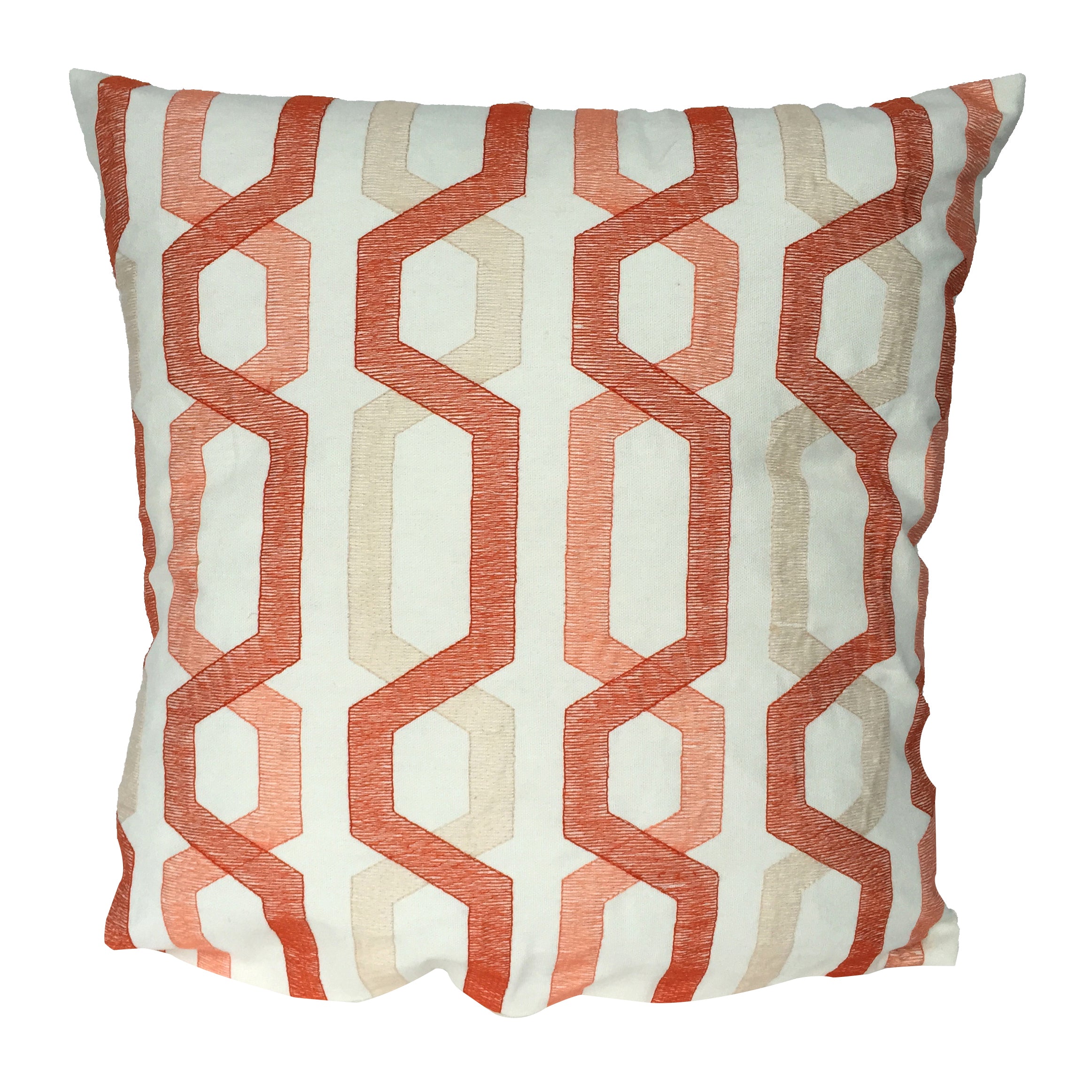 Contemporary Cotton Pillow with Geometric Embroidery, Red and Cream