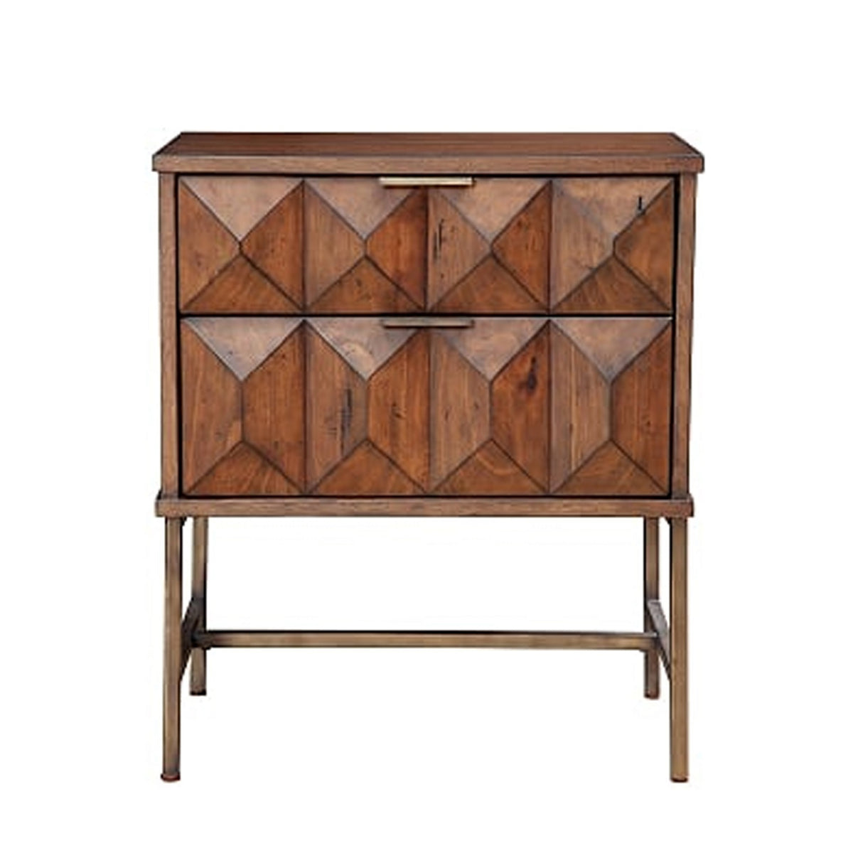 2 Drawer Nightstand With Honeycomb Design And Metal Legs, Brown