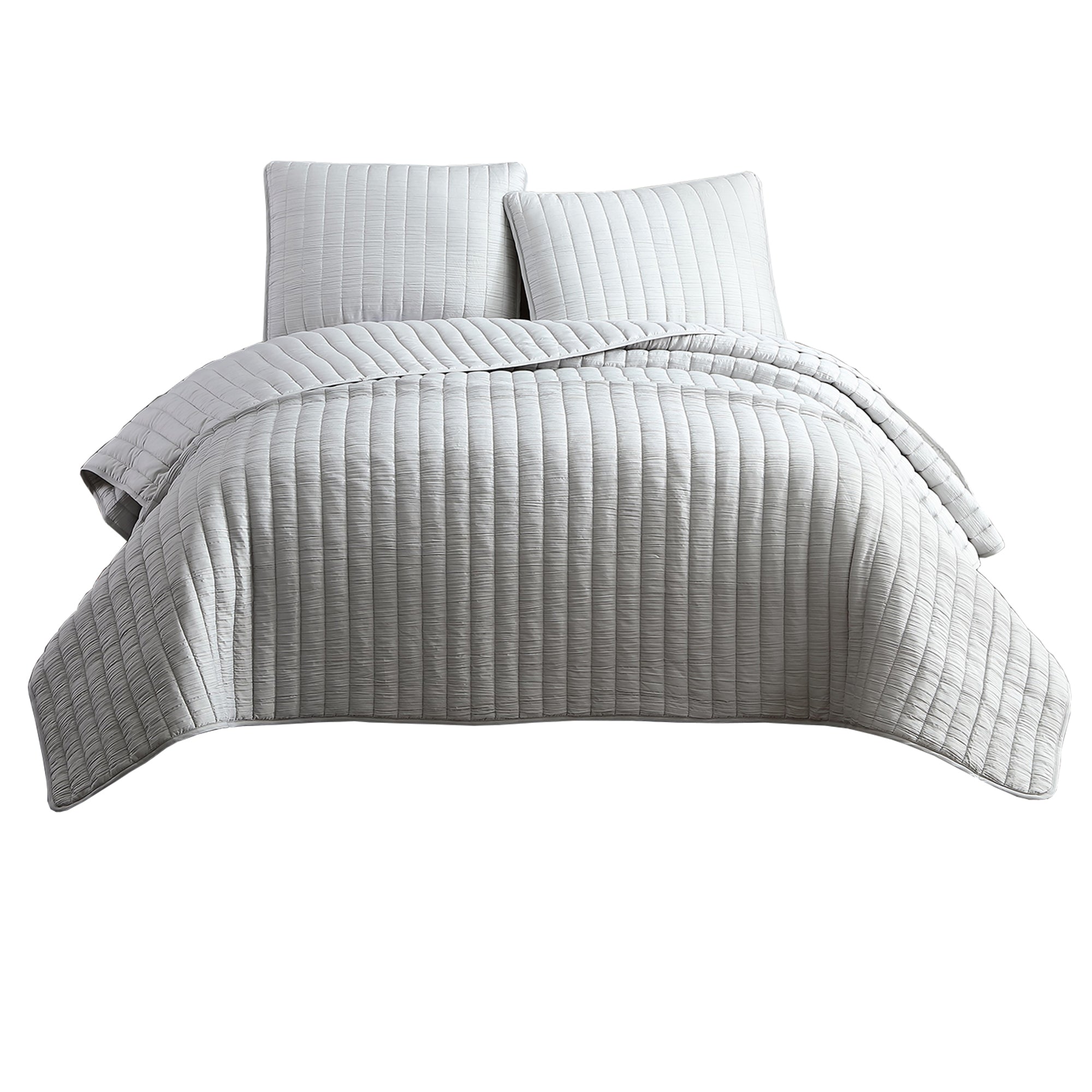 3 Piece Crinkle Queen Size Coverlet Set with Vertical Stitching,Light Gray
