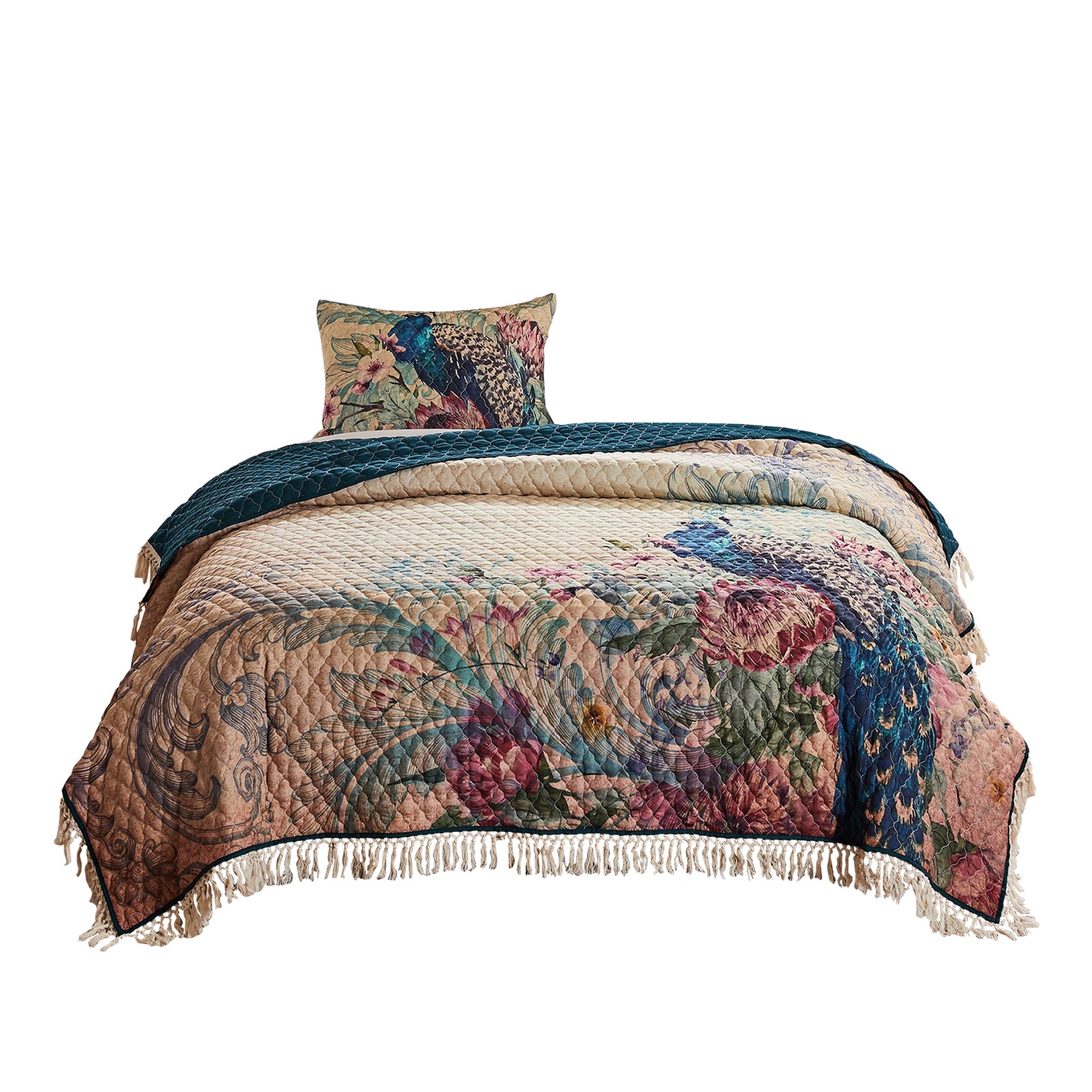 2 Piece Twin Size Quilt Set, Floral Print, Crochet Trim, Multicolor