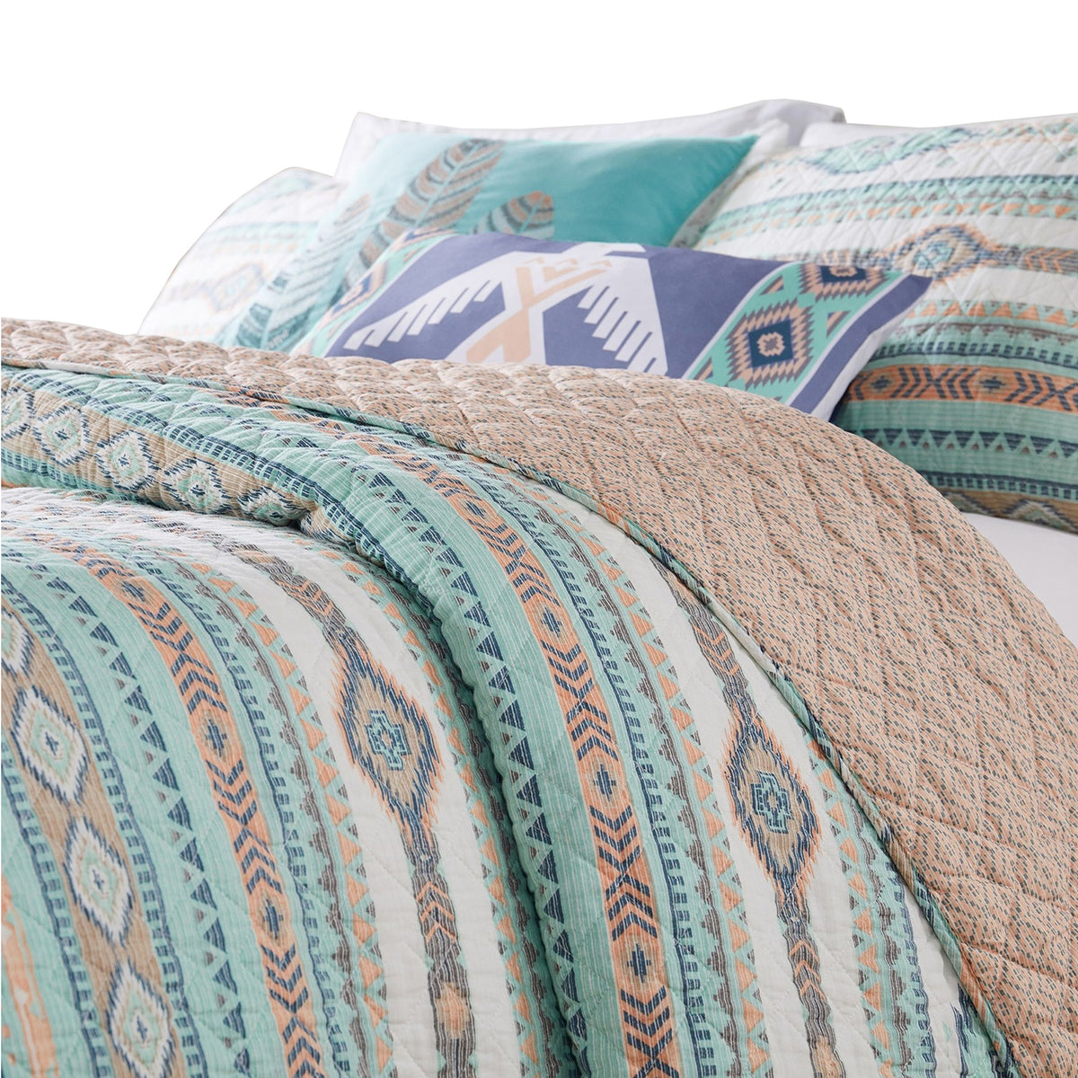 3 Piece Full Queen Quilt Set With Geometric Pattern, Blue