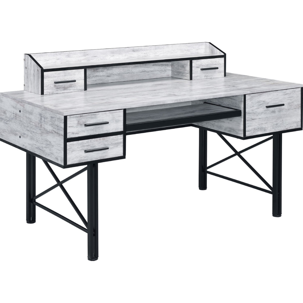 Computer Desk With 5 Drawers And Grains, Antique White And Black