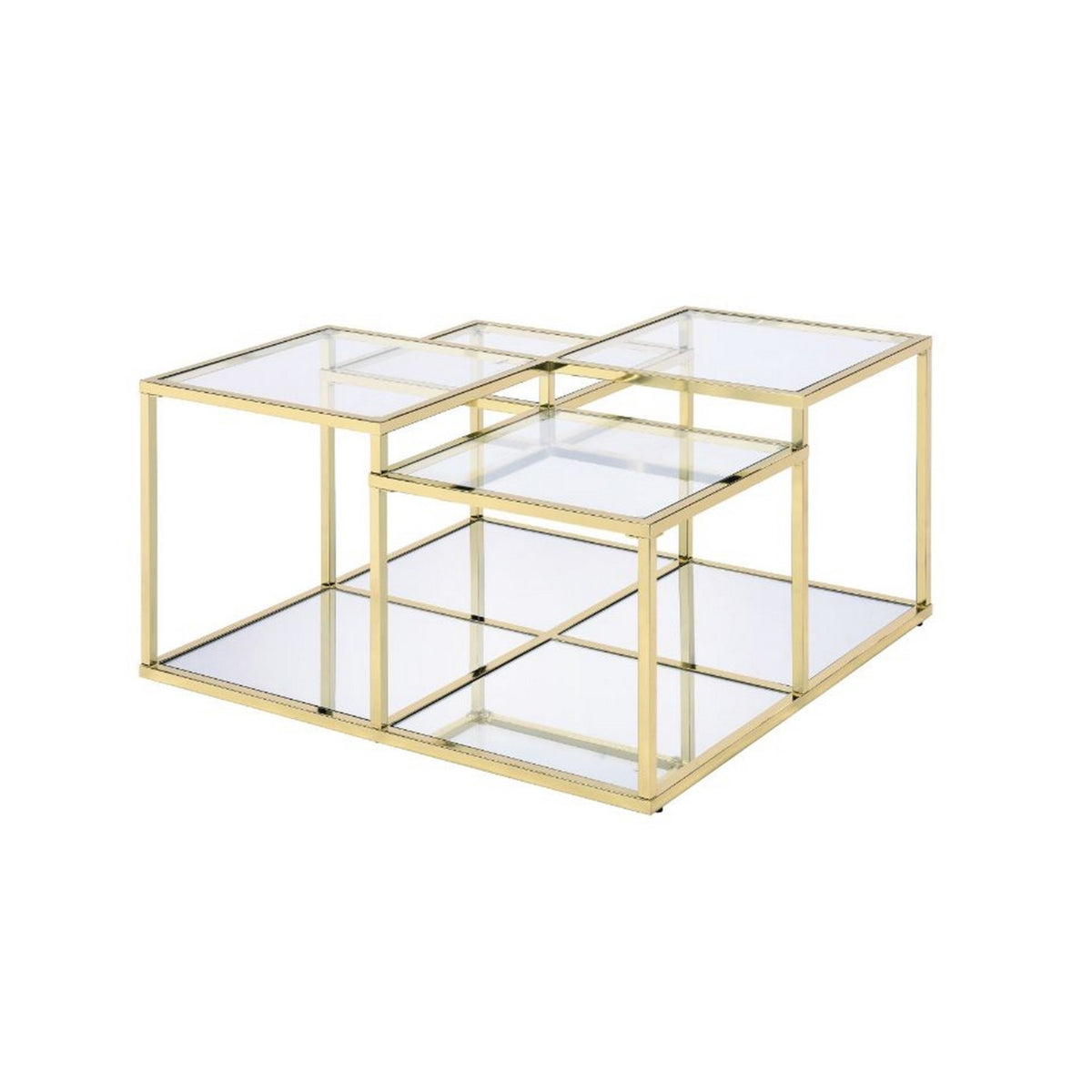 Coffee Table With Glass Top And Tubular Frame, Gold