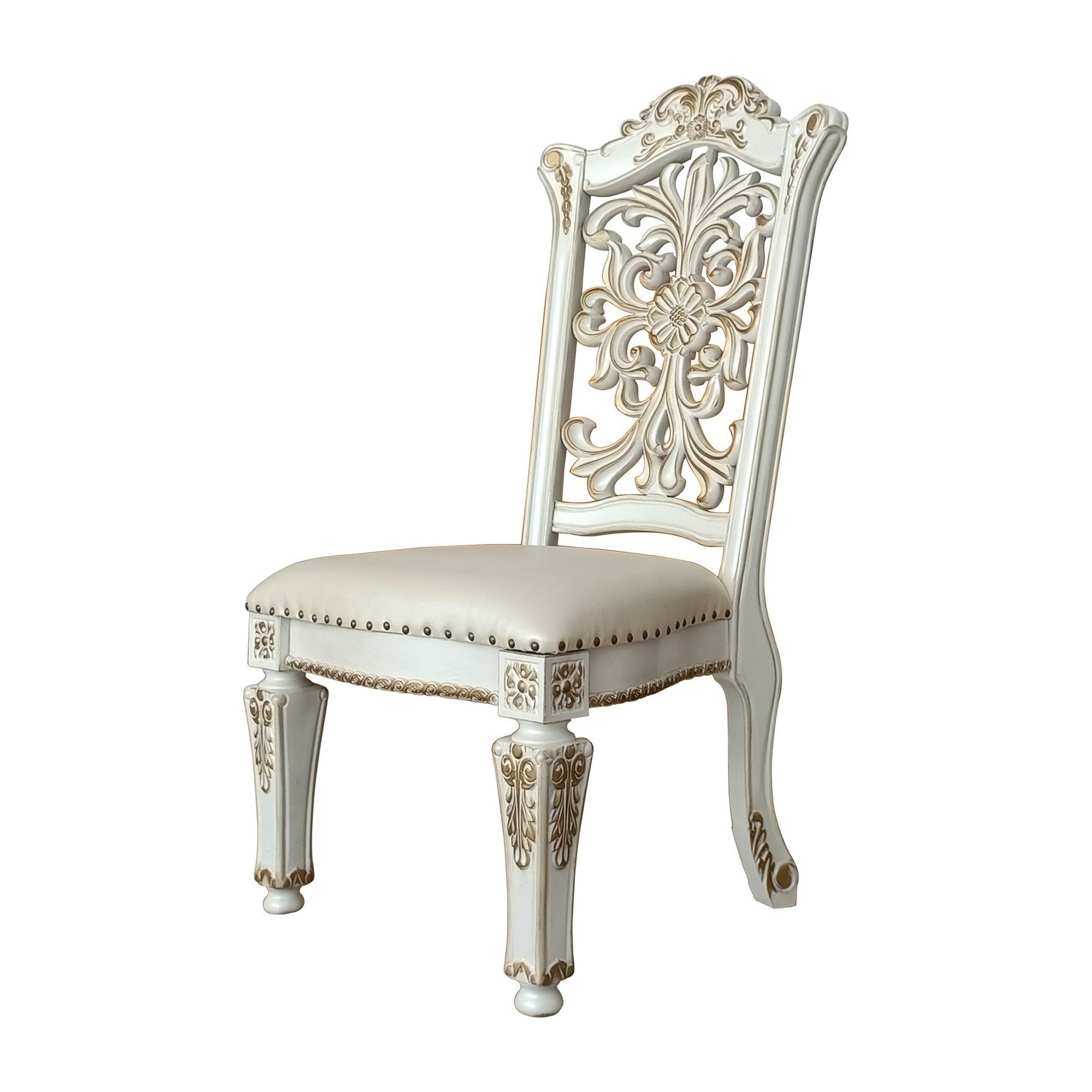 Jess 27 Inch Dining Chair, Nailhead Trim, Set Of 2, Faux Leather, White