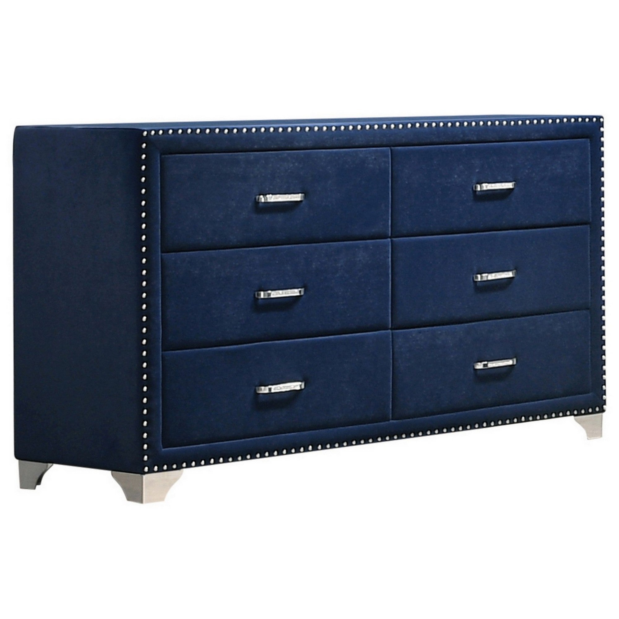 Cale 60 Inch Modern Glam Wood Dresser, 6 Drawer, Velvet, Nailhead, Blue