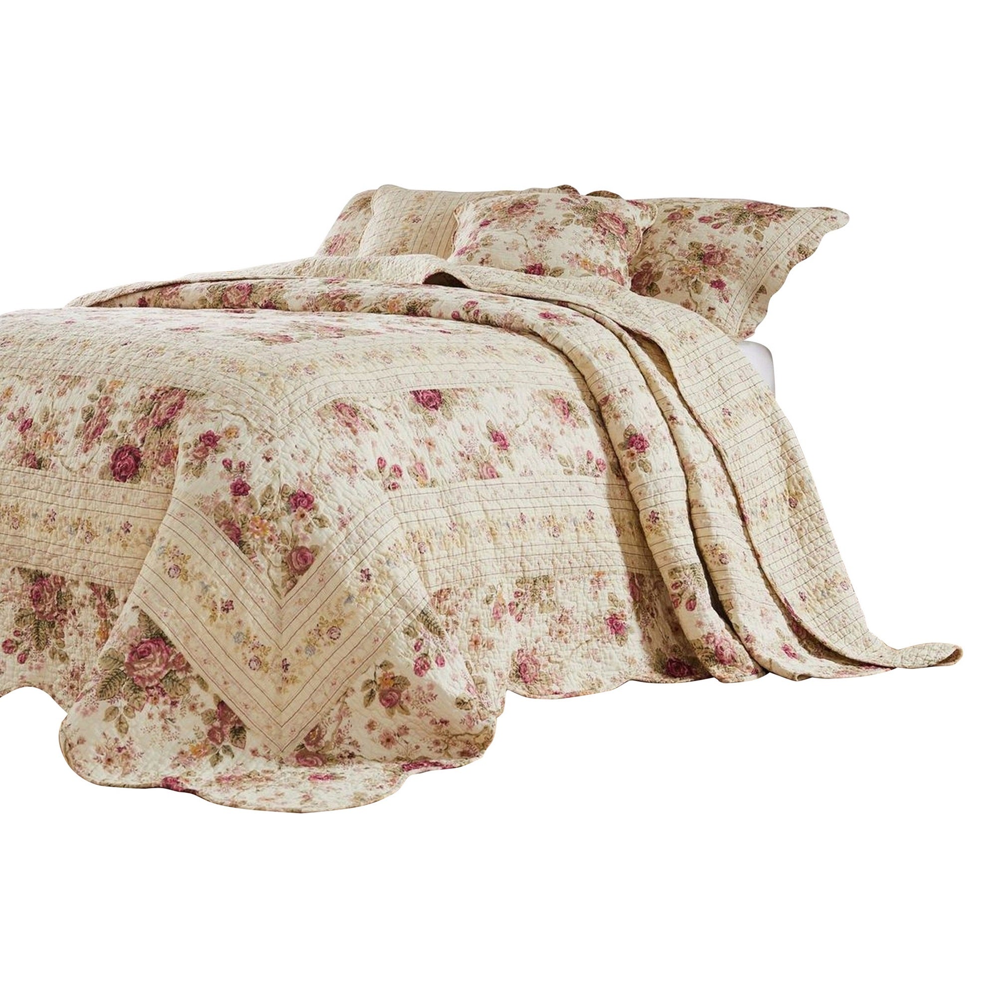 Rosle 3 Piece Queen Bedspread Set, Floral Print, Scalloped, Cream, Pink