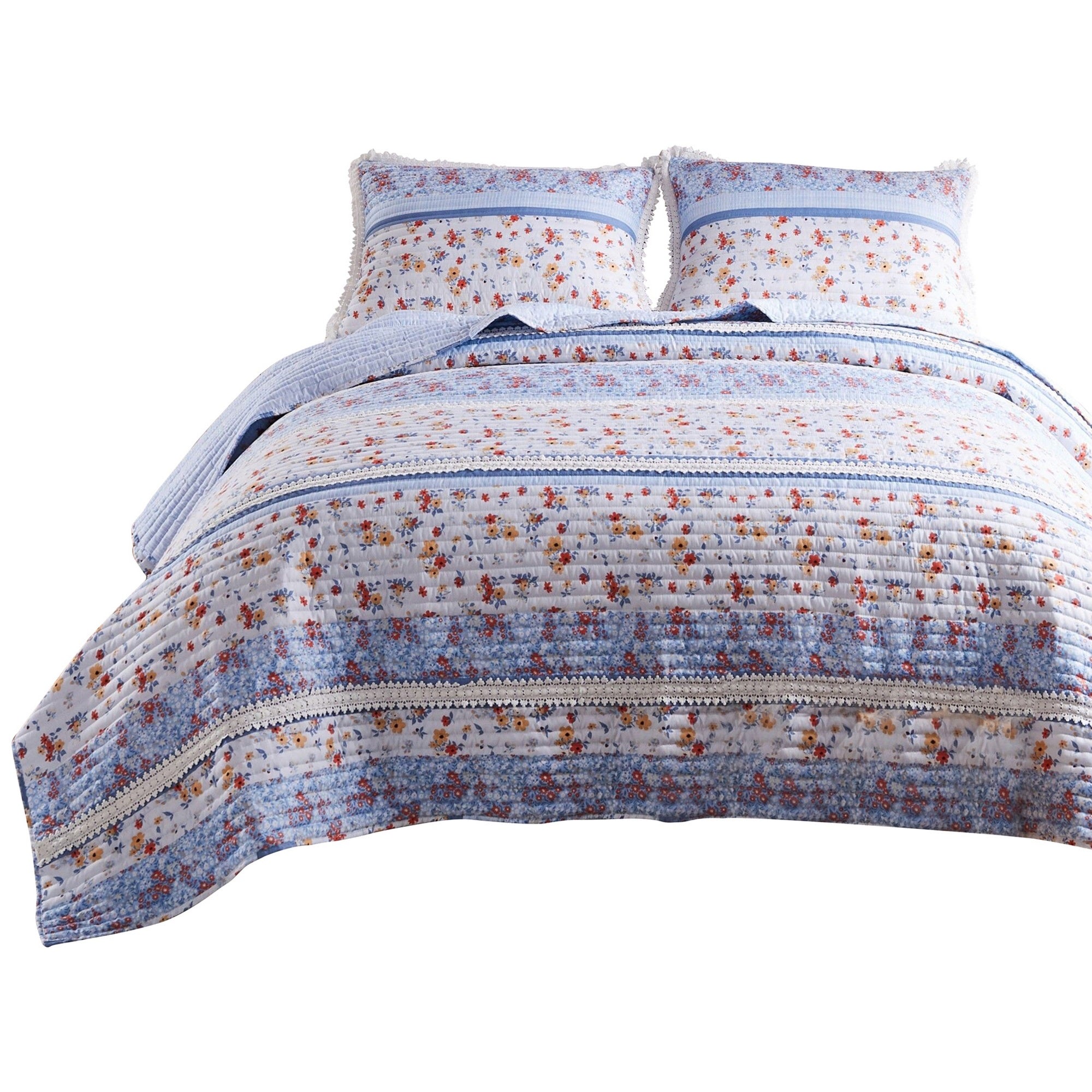 Joa 2 Piece Microfiber Twin Quilt Set, Floral Print, Lace Trim, Multicolor