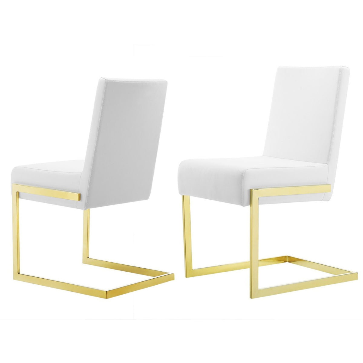 19 Inch Dining Chair, Set Of 2, White Vegan Leather, Gold Cantilever Base