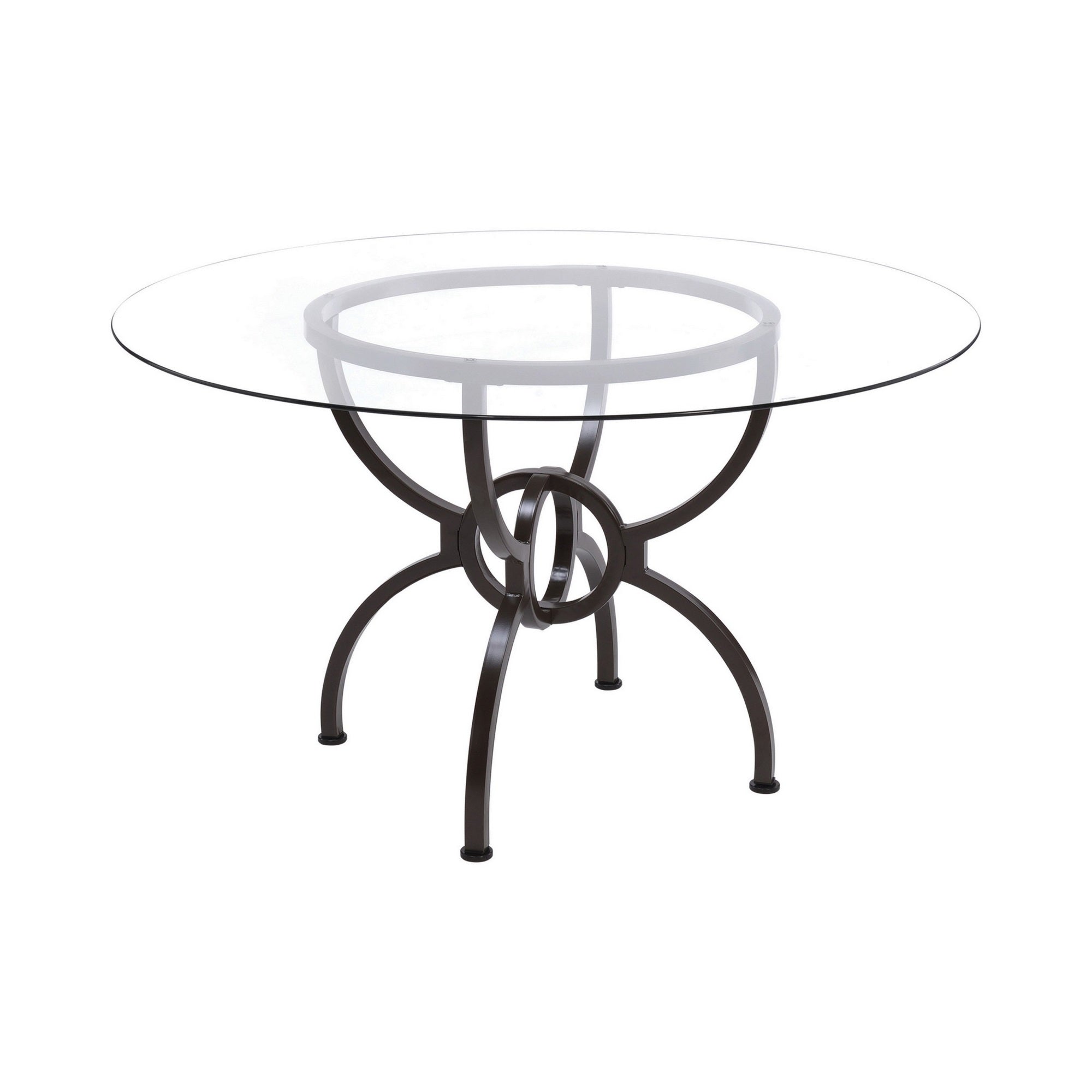 30 Inch Round Dining Table, Clear Glass Top, Interlocked Ring Motif Legs