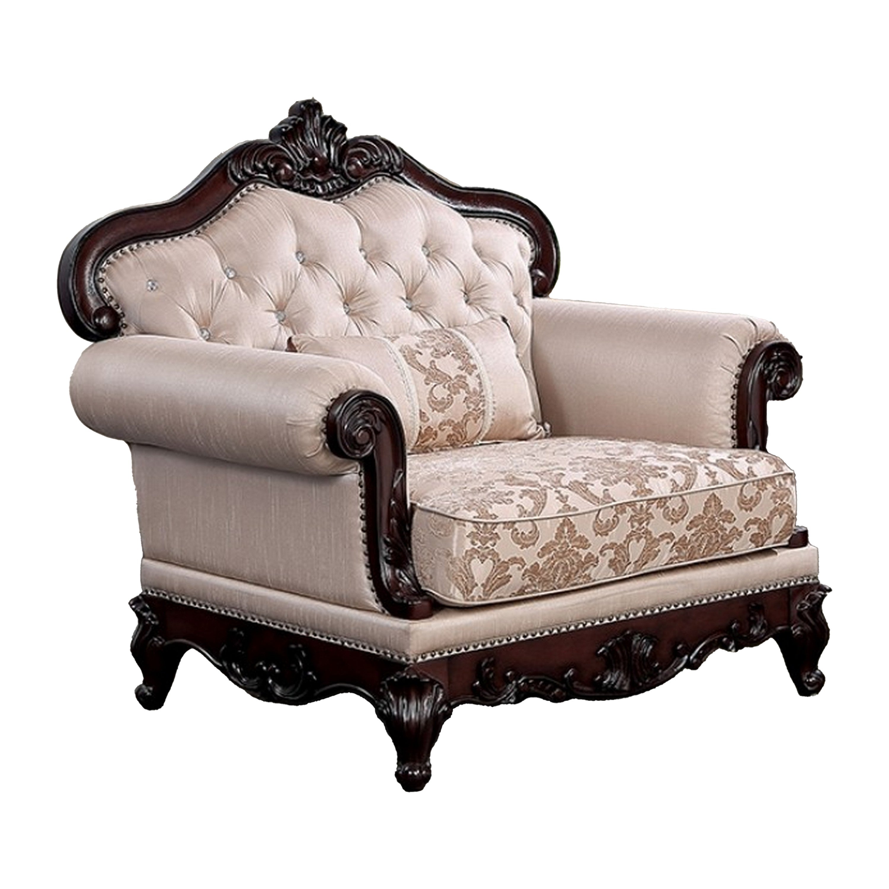 Vera Accent Chair, Tufted Jacquard Pattern, Carved Dark Cherry Brown, Brown