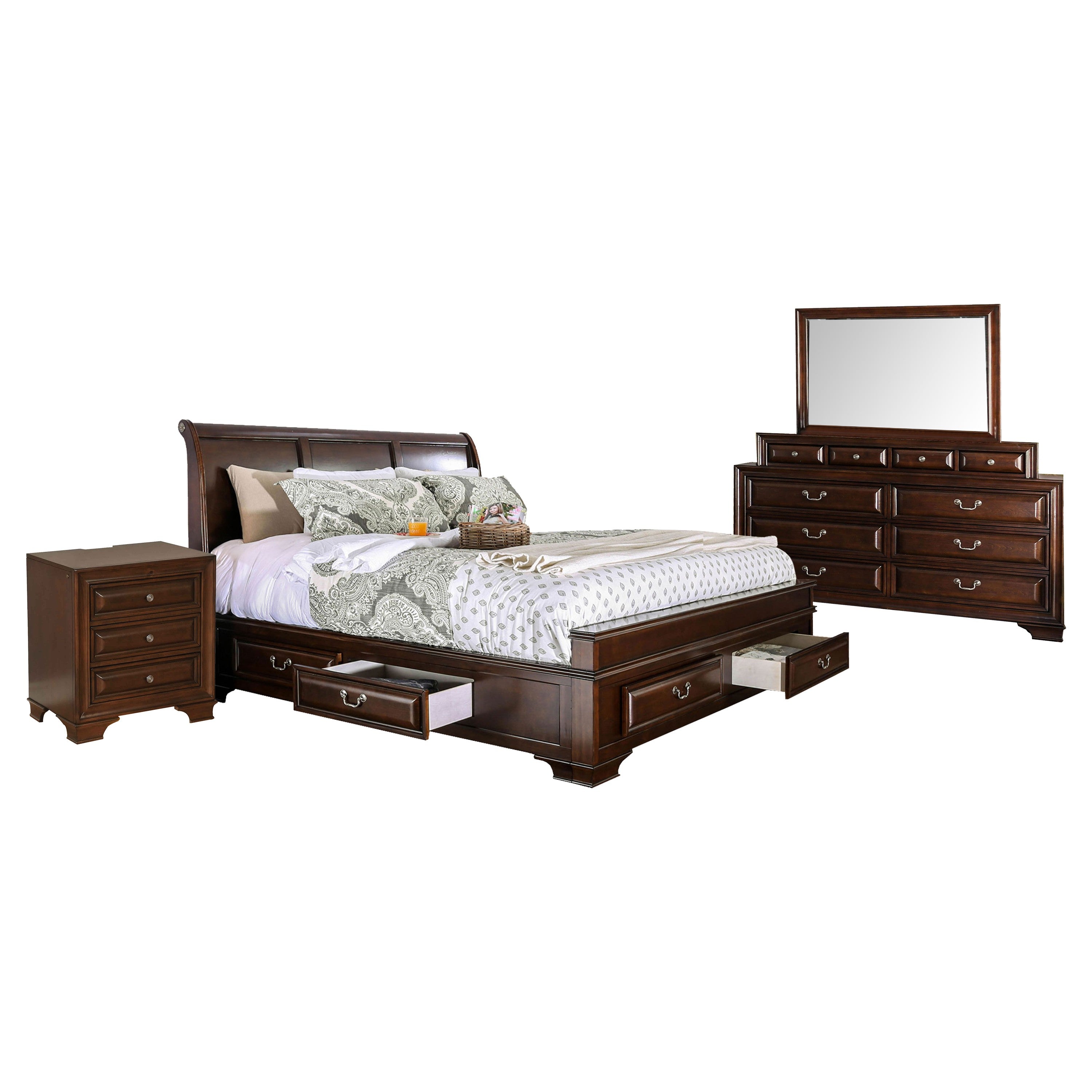 Lio Four Piece Queen Size Bedroom Set, Cherry Brown Wood Inlay Design, Silver Metal Handles