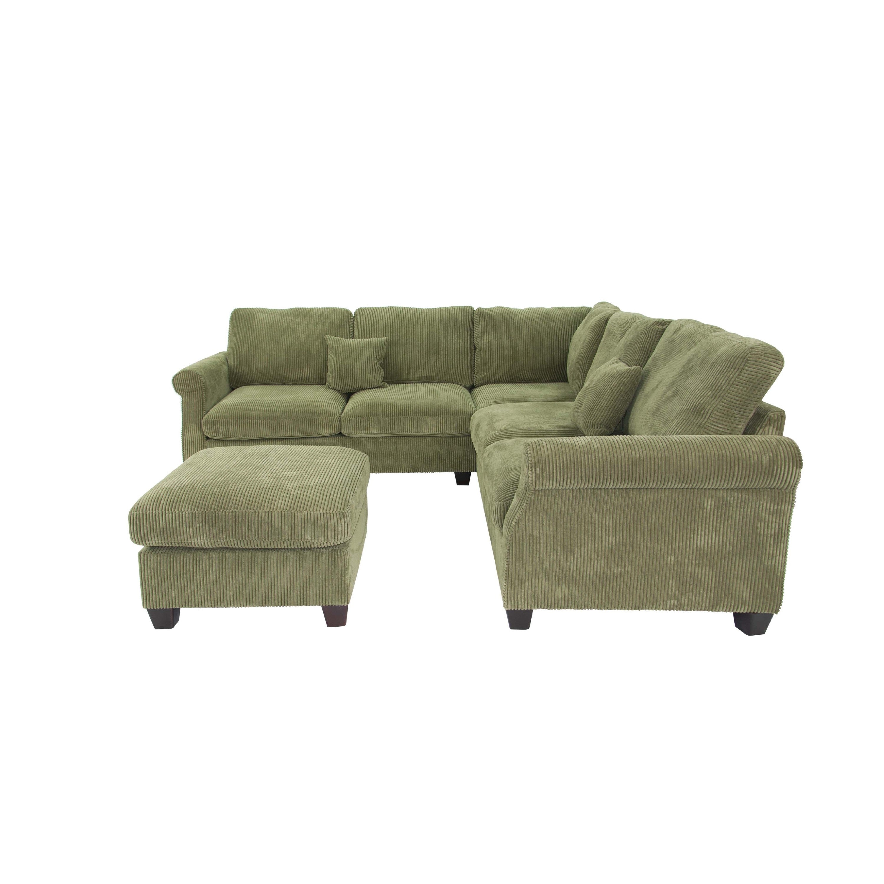 Fero 4pc L Sectional Sofa, Wedge n Ottoman Set,  Green Corduroy