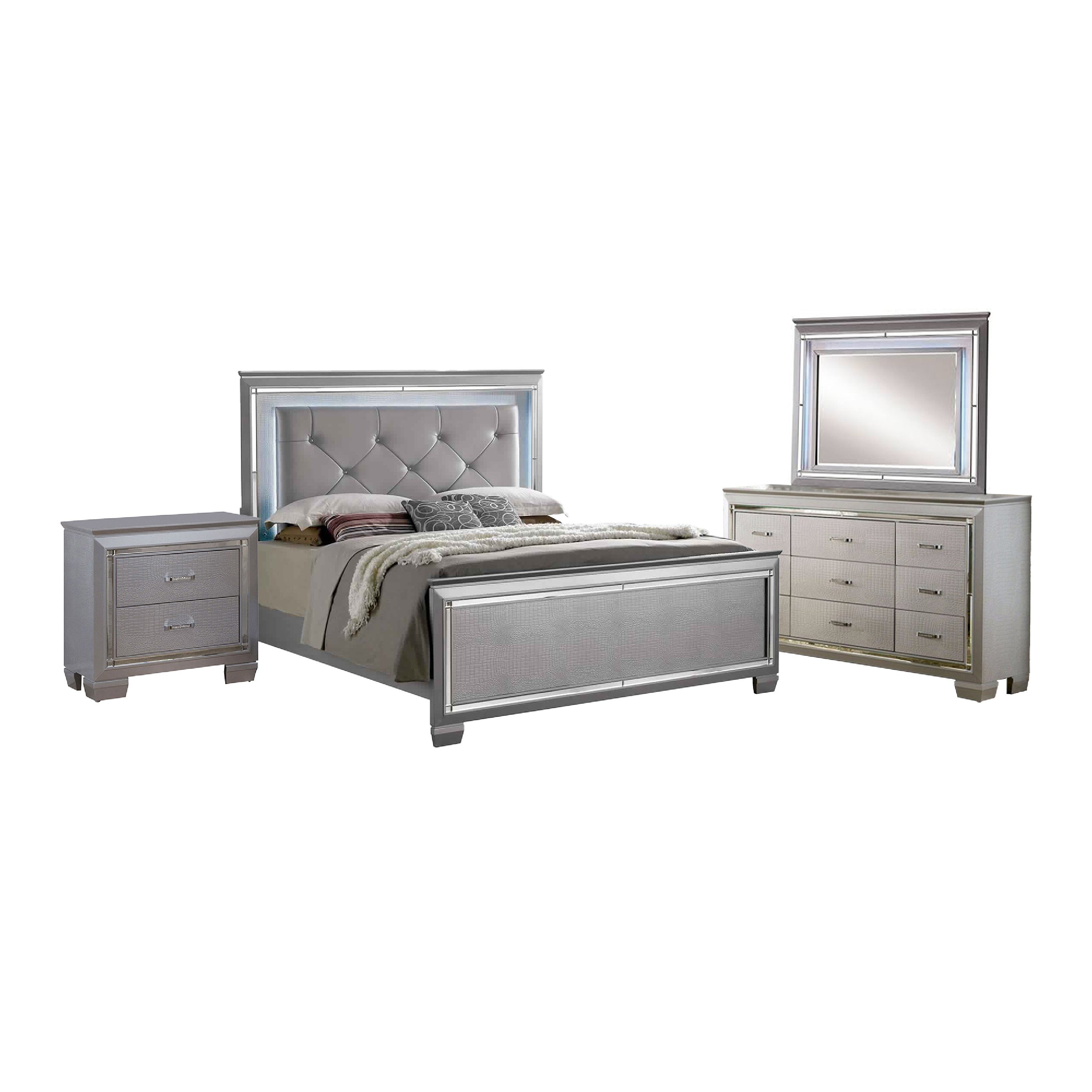 Kae 4 Pc California King Bedroom Set, LED and Mirror Trim, Champagne Silver