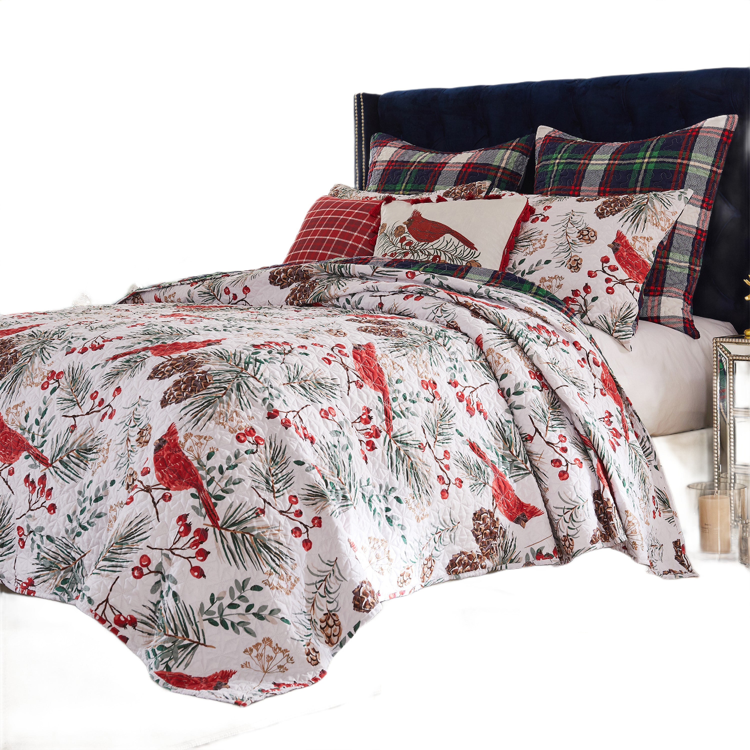 Coro 2pc Twin Size Quilt Set, Red White Christmas Cardinal Polyester