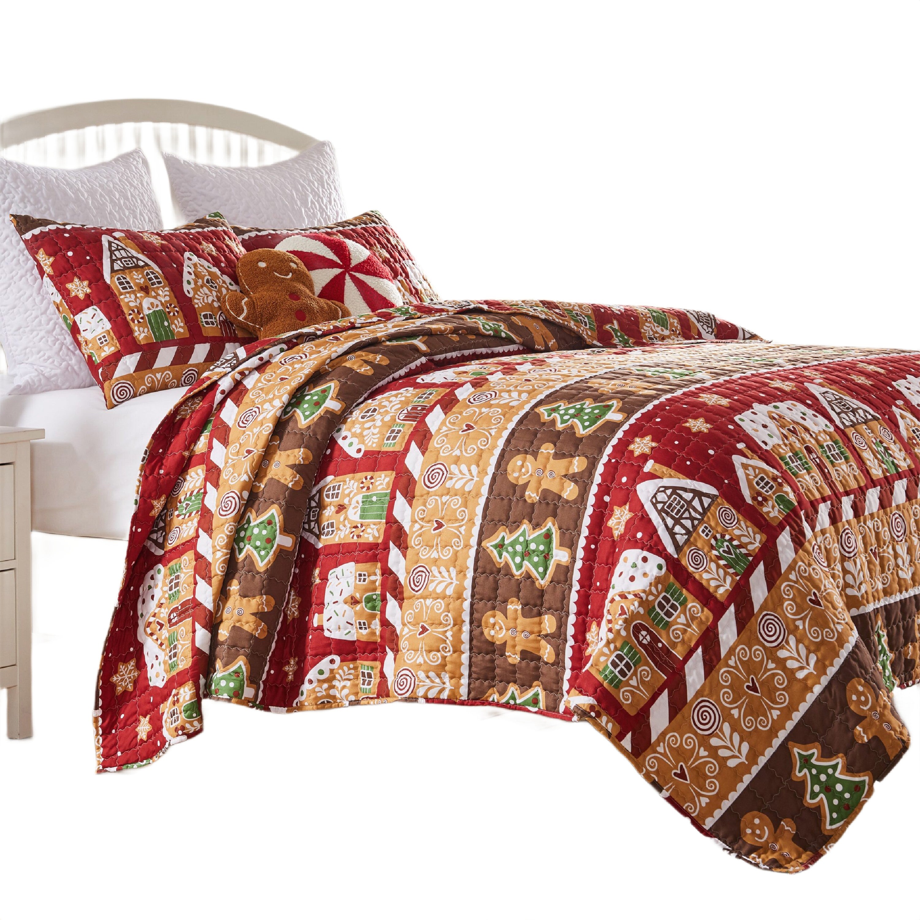 Redu 2pc Twin Size Quilt Set, Holiday Theme Gingerbread Microfiber