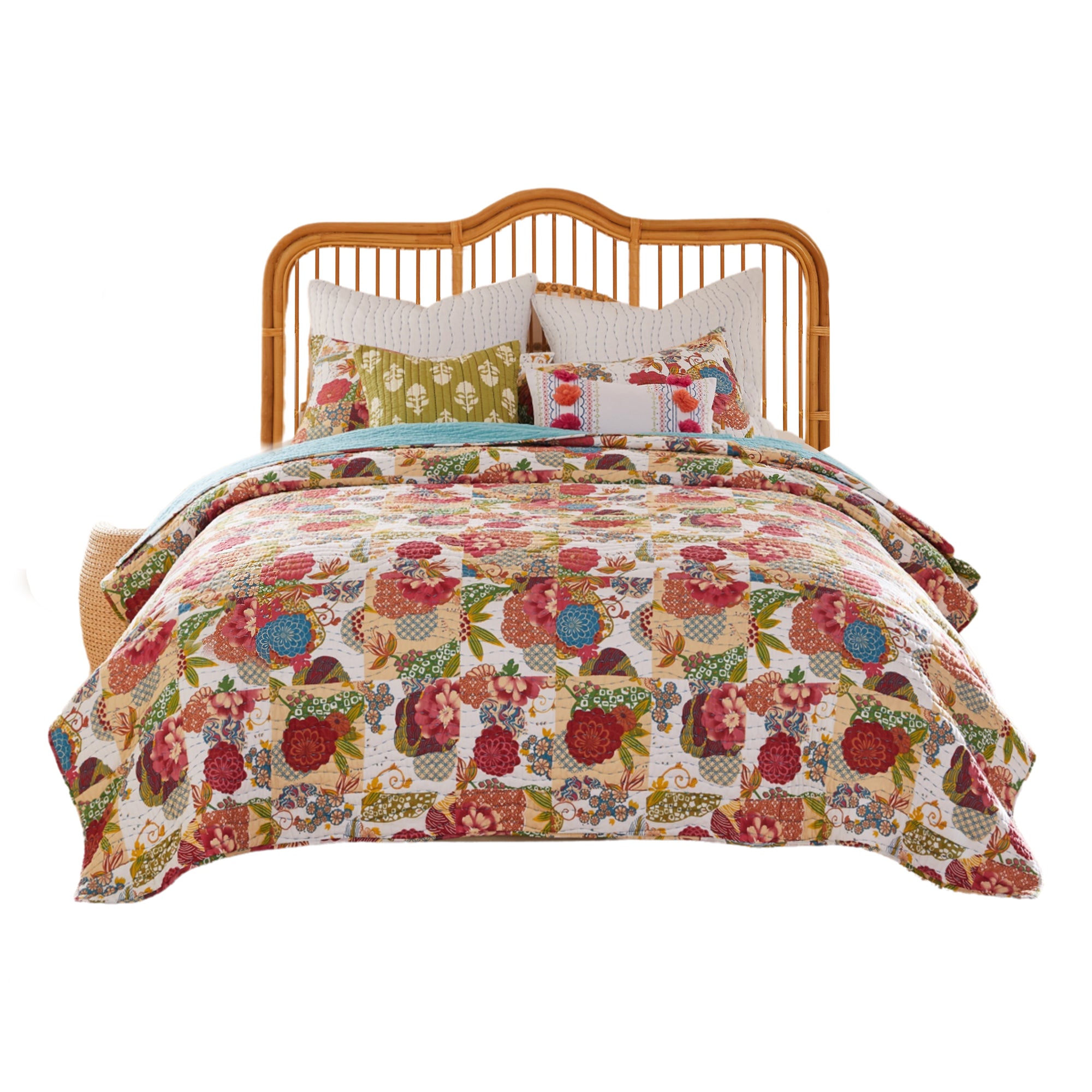 Lewi 2pc Twin Size Quilt Set, Bright Colorful Floral Pattern, Cotton