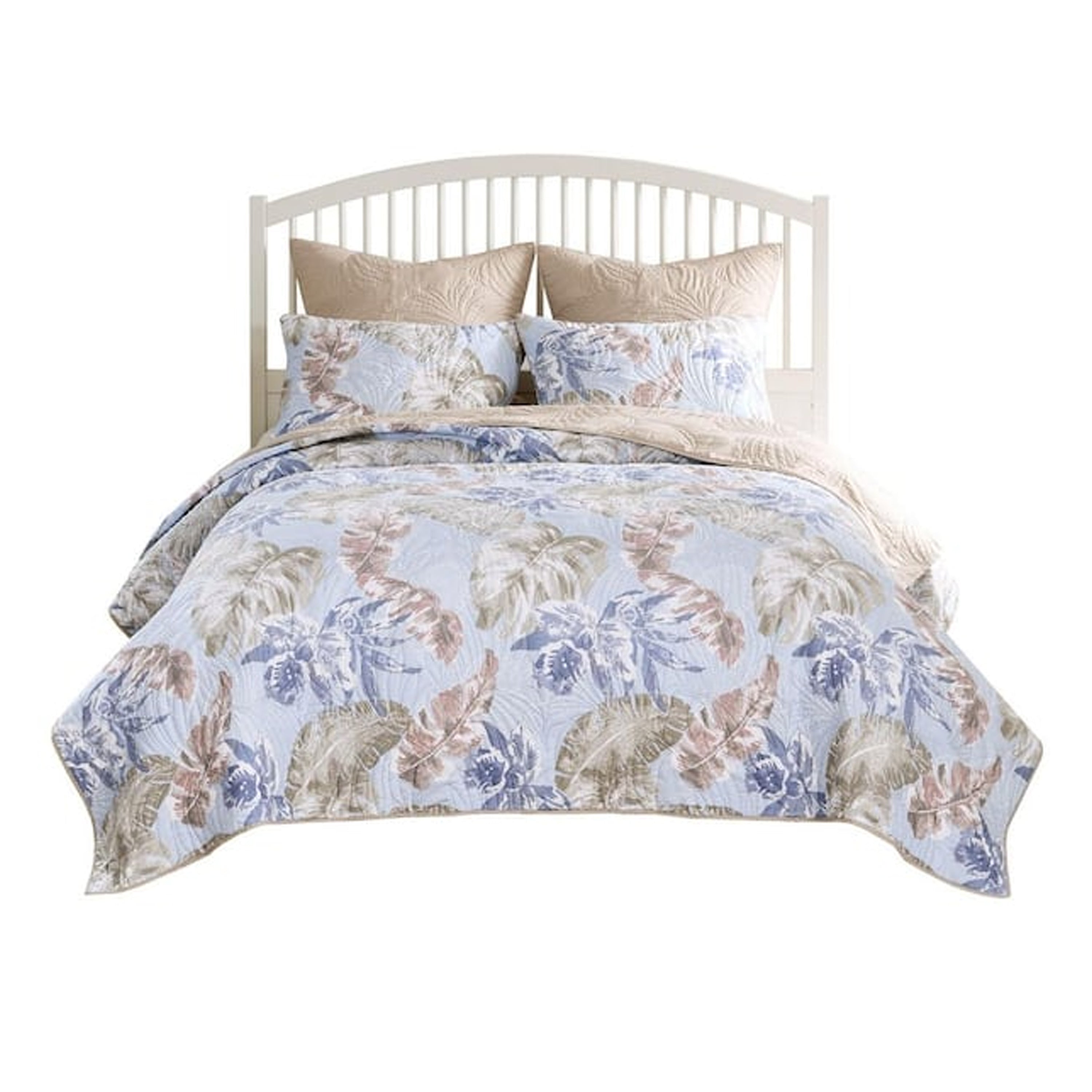 Heli 2pc Twin Size Quilt Set, Blue, Sandy Pink, Khaki Tropical Print