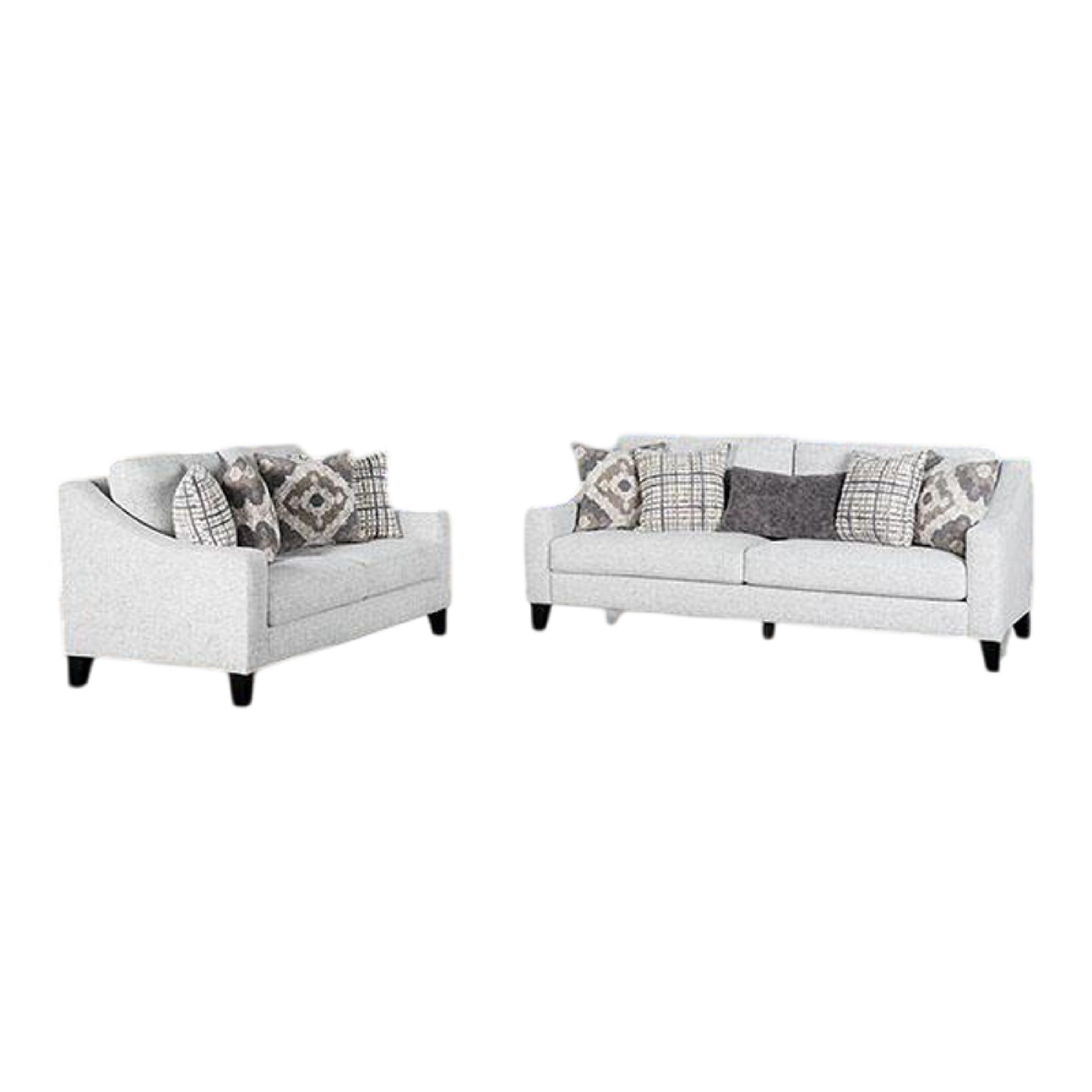 Riana 2pc Sofa and Loveseat Set, 9 Accent Pillows, Modern White, Black