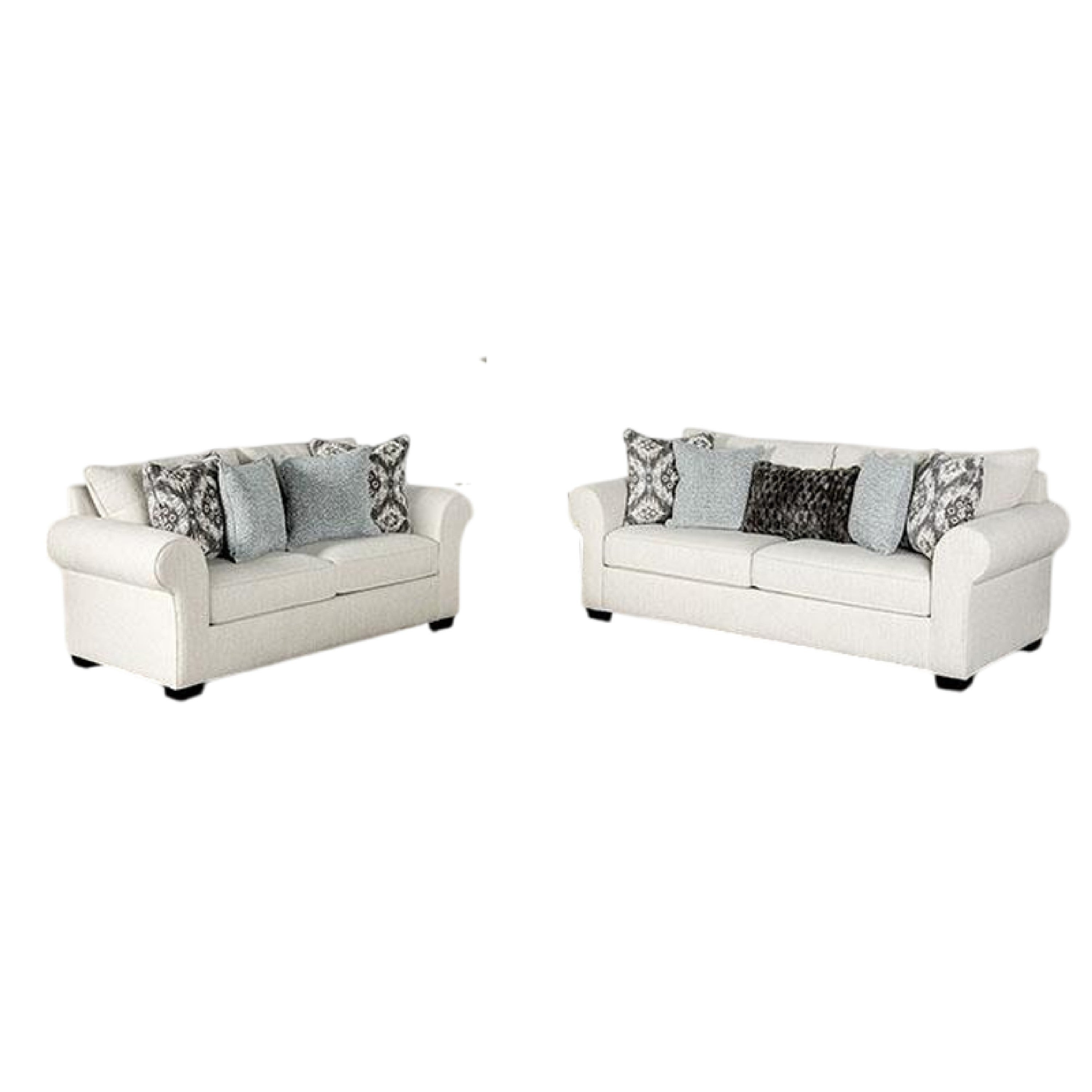 Berrie 2pc Sofa Loveseat Set, 9 Throw Pillows, Modern White Polyester