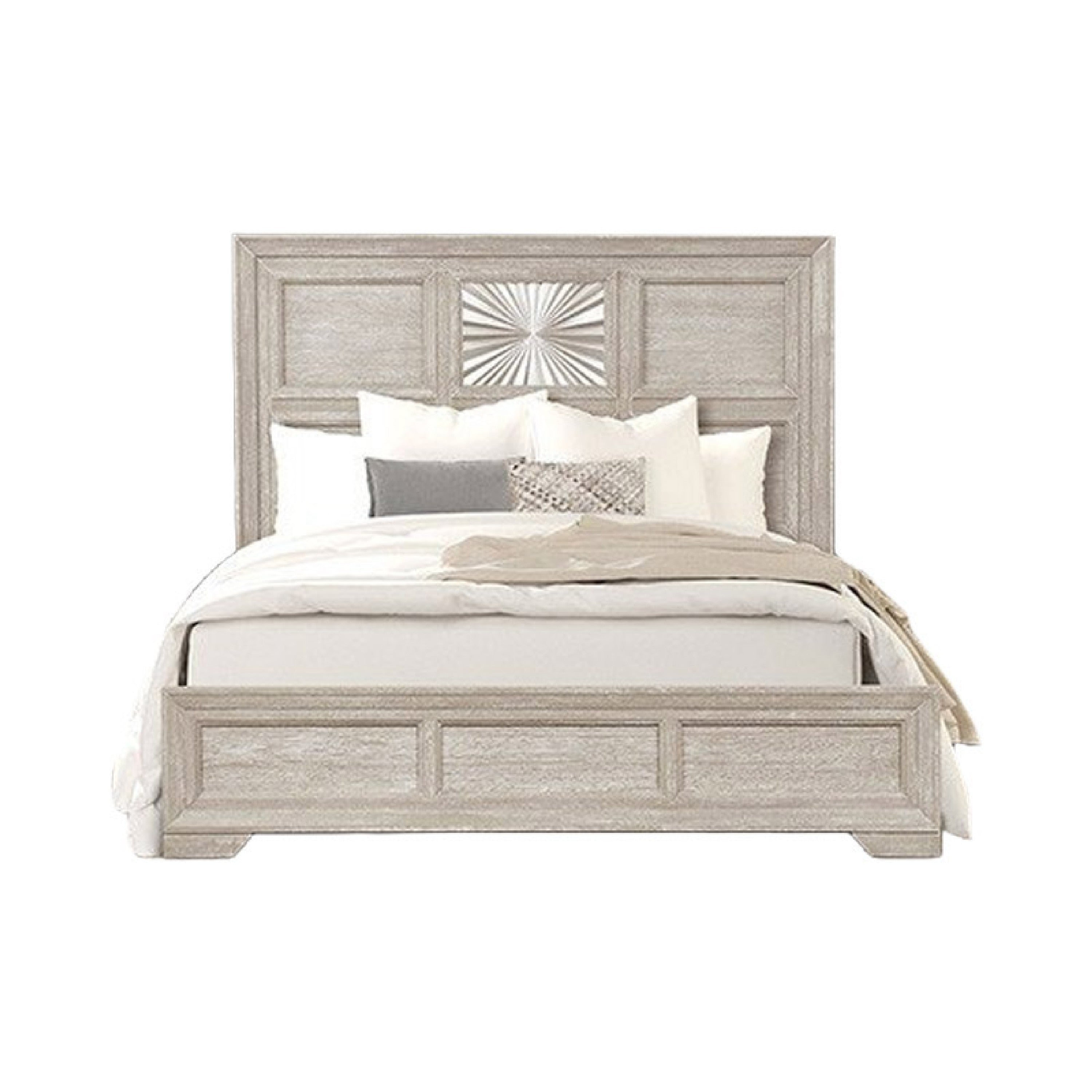 Diaz Queen Bed, Sunburst Pattern, Recessed Panel, Light Gray Wood