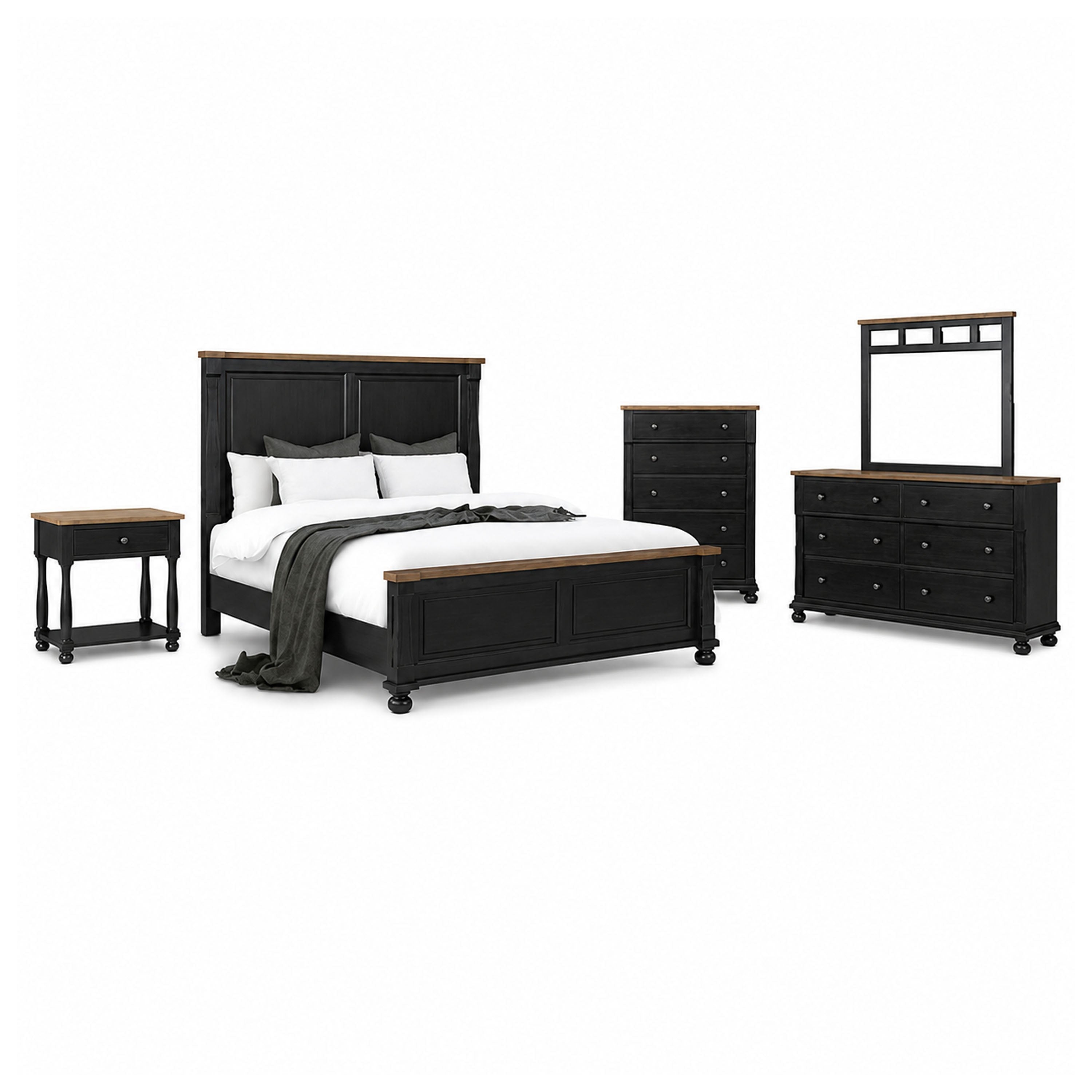 Ginie 5pc Queen Bedroom Set, USB Bedside Table, Black Rustic Oak Brown