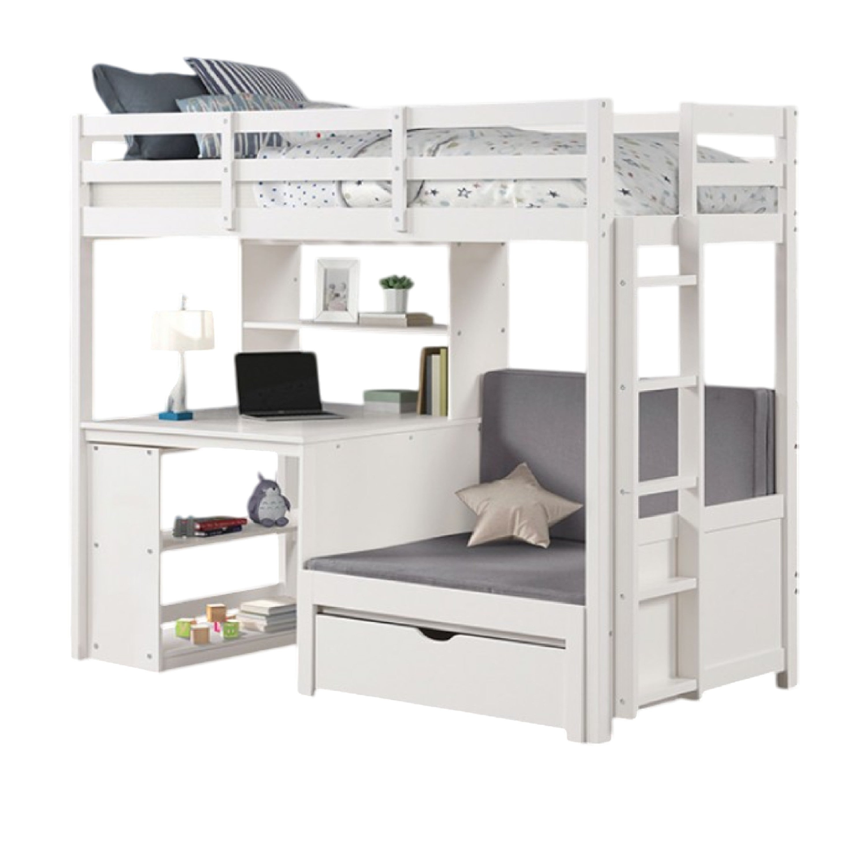 Sirius Twin Loft Bed, Bookcase and Desk, Shelf Unit, White Pine Wood