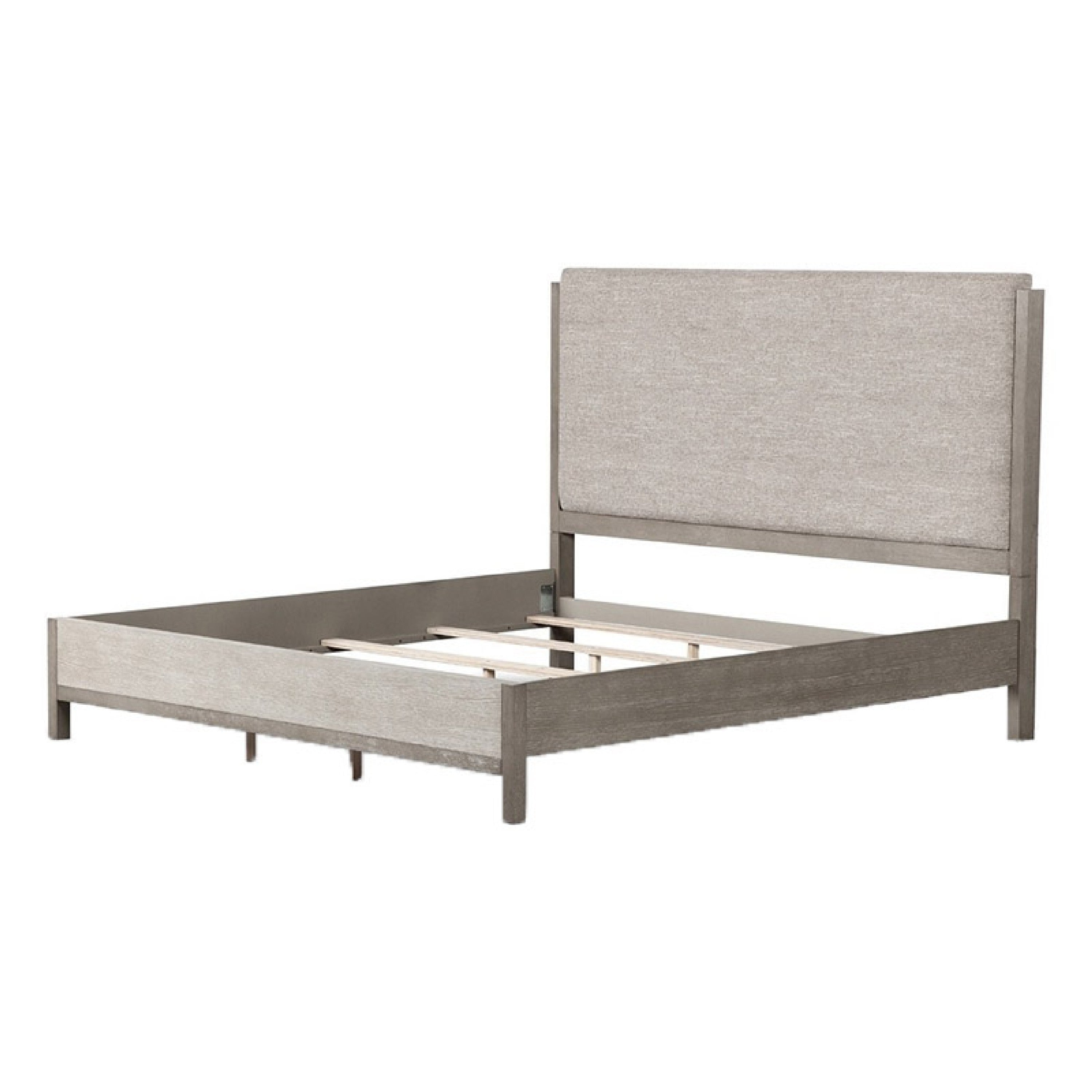 Rizvi Queen Size Bed, Upholstered Headboard, Gray Fabric, Solid Wood