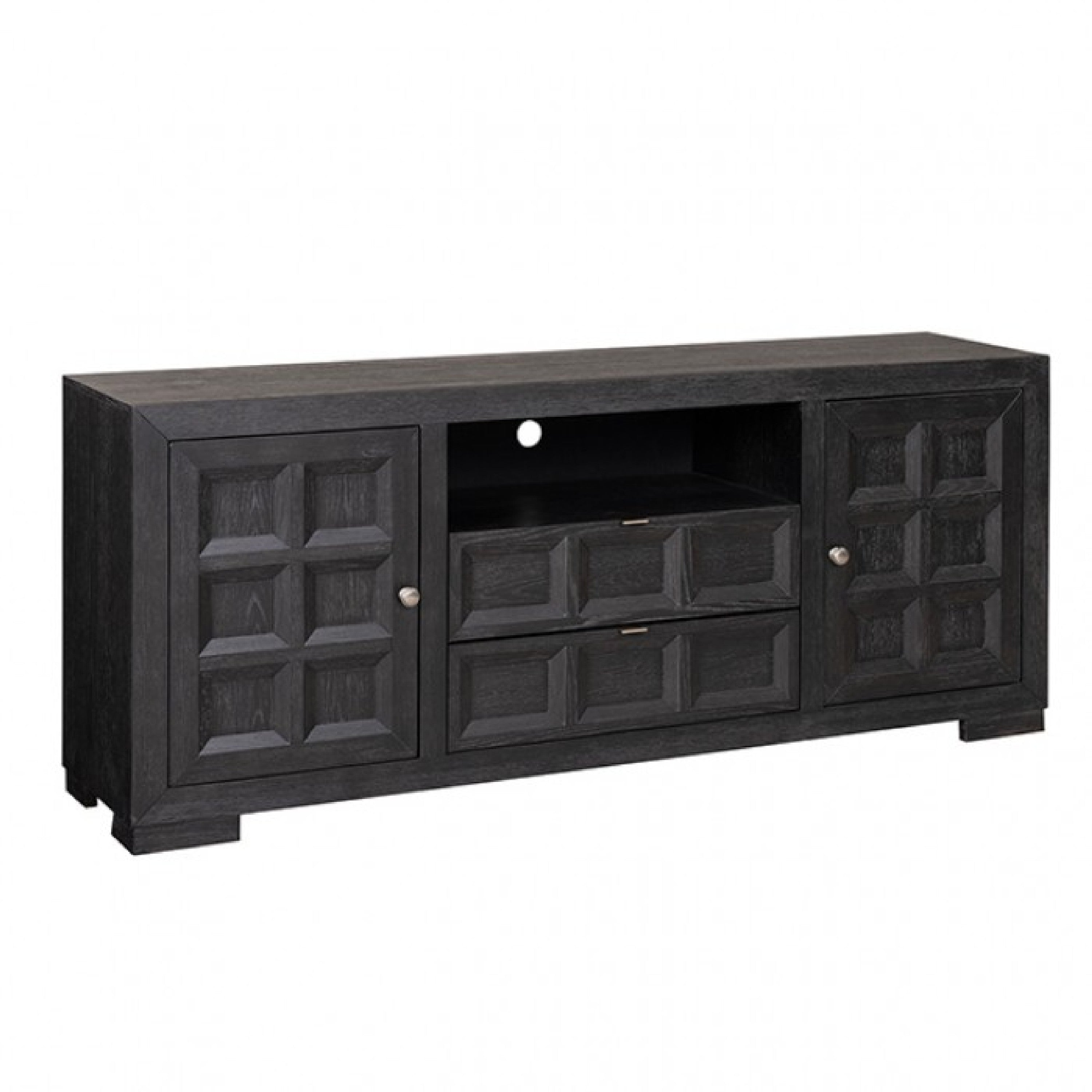 Kizie TV Stand Cabinet, Storage Drawers, Modern Black Wood, 72 Inch