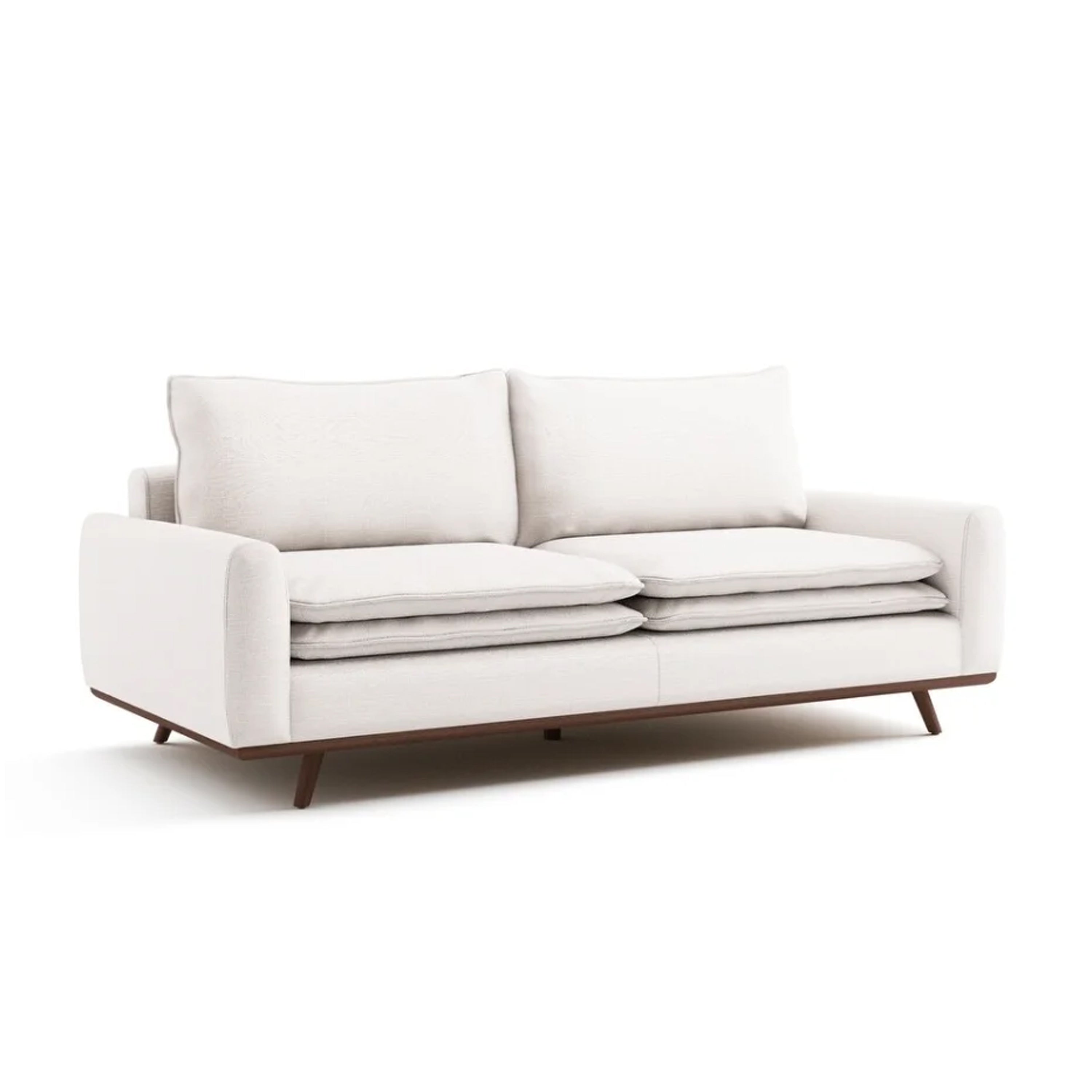 Yaana Sofa with Feather Blend Pillows, Dark Brown Wood, White 83 Inch