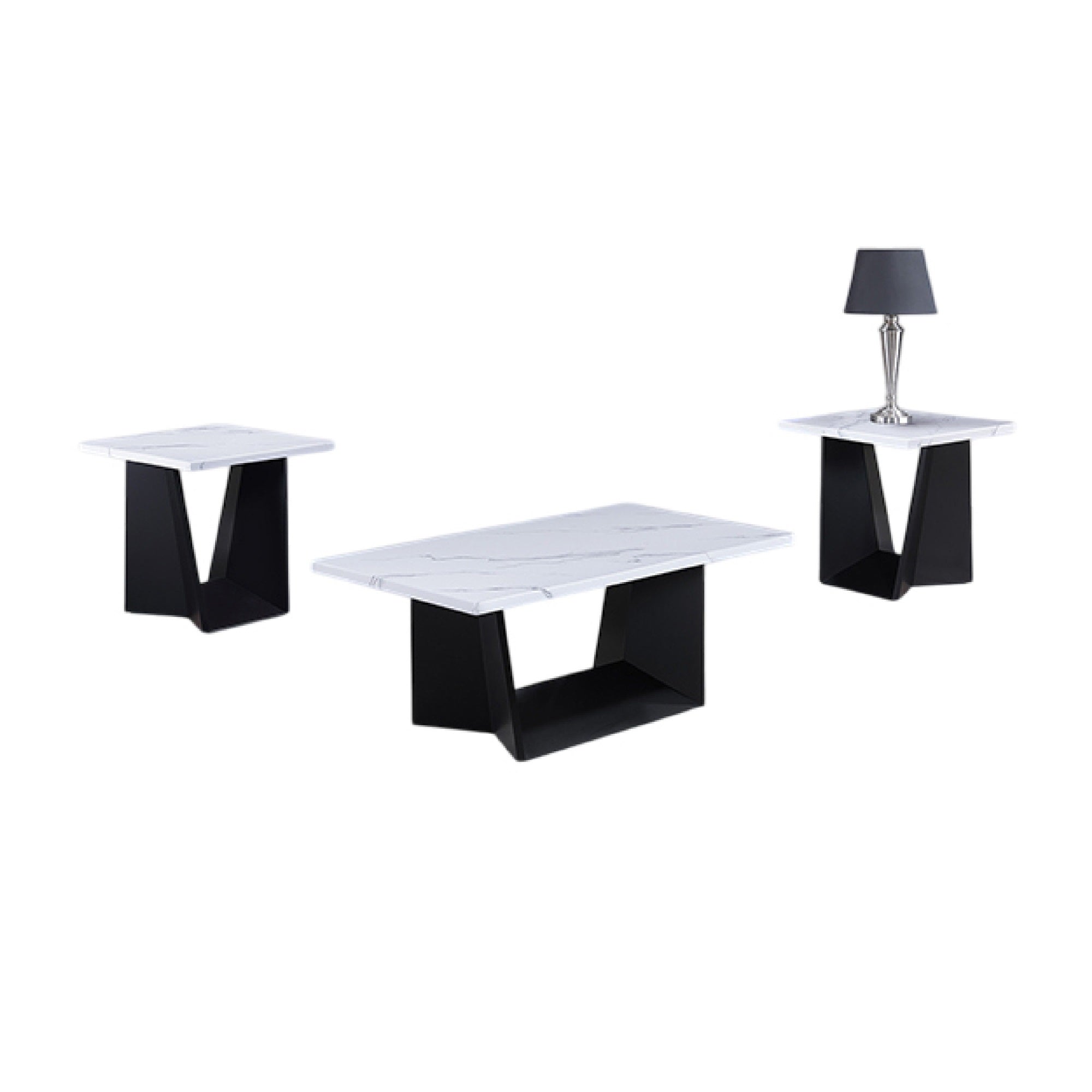 Ady 3pc Coffee and End Table Set, Rectangular White Faux Marble Top, Black