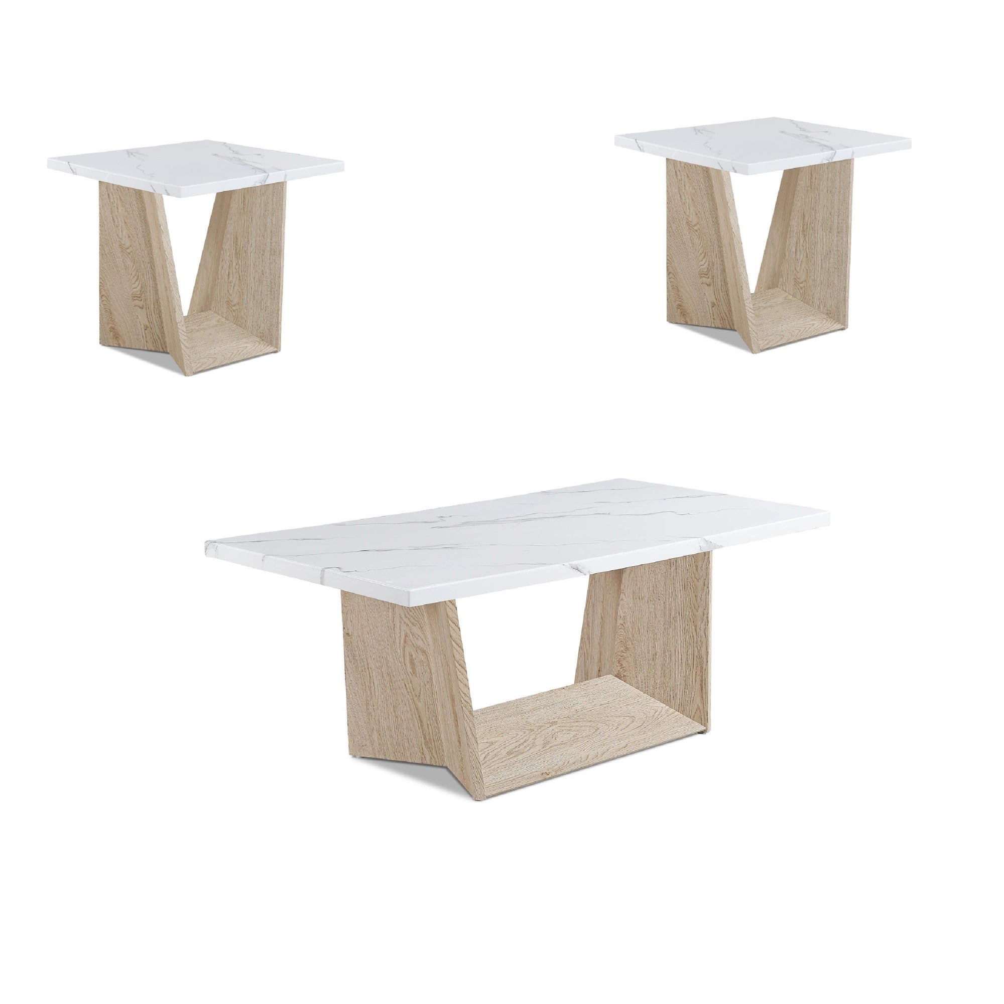 Ady 3pc Coffee and End Table Set, Rectangular Faux Marble Top, White Oak Base