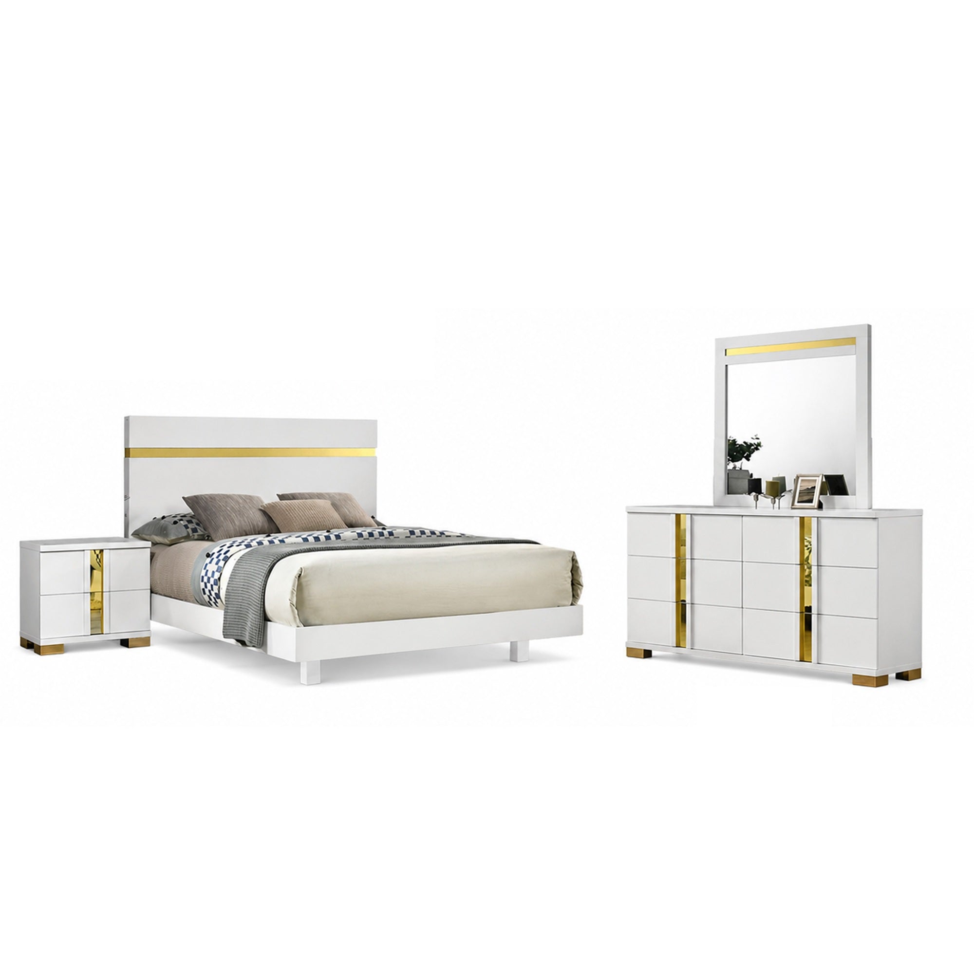 Yoki 5pc Queen Bedroom Set w Underbed LED, White and Gold, 2 Nightstands