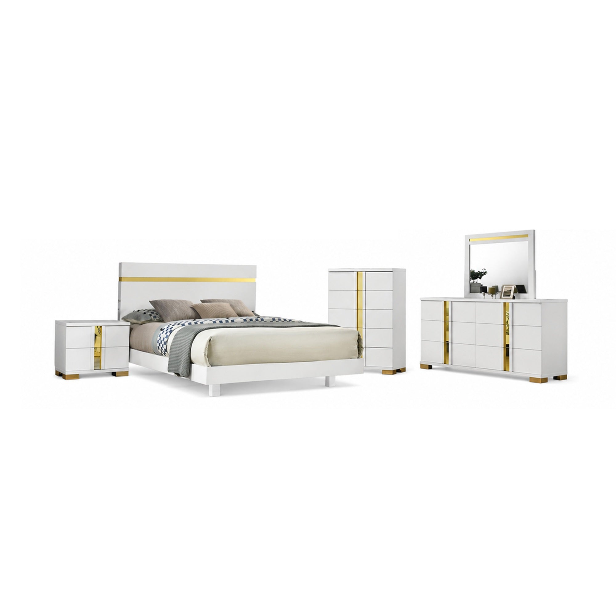Yoki 5pc Queen Bedroom Set w Underbed LED, White and Gold, Tall Dresser