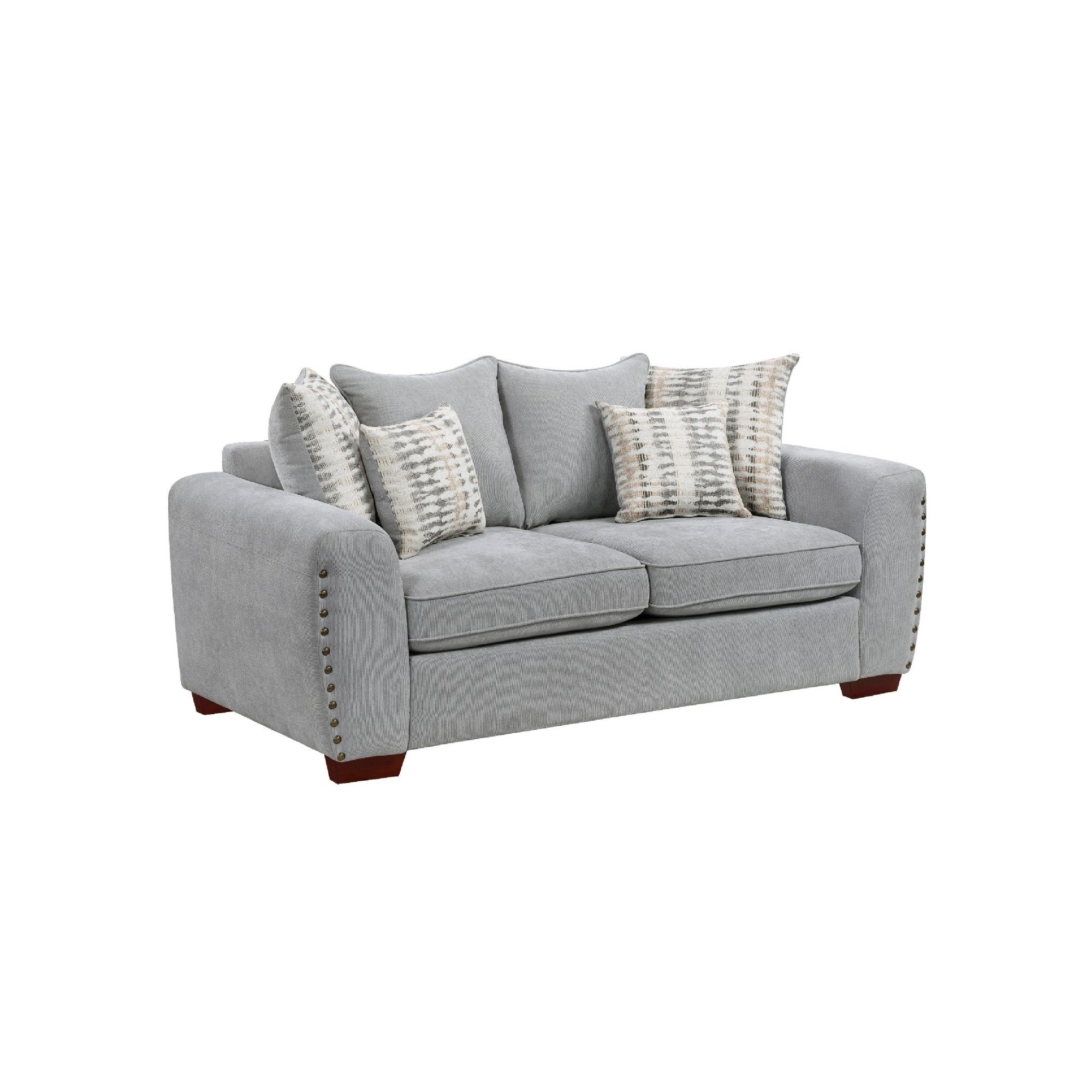 Gini Loveseat, 6 Accent Pillows, Nailhead Trim, Gray Chenille, 70 Inch