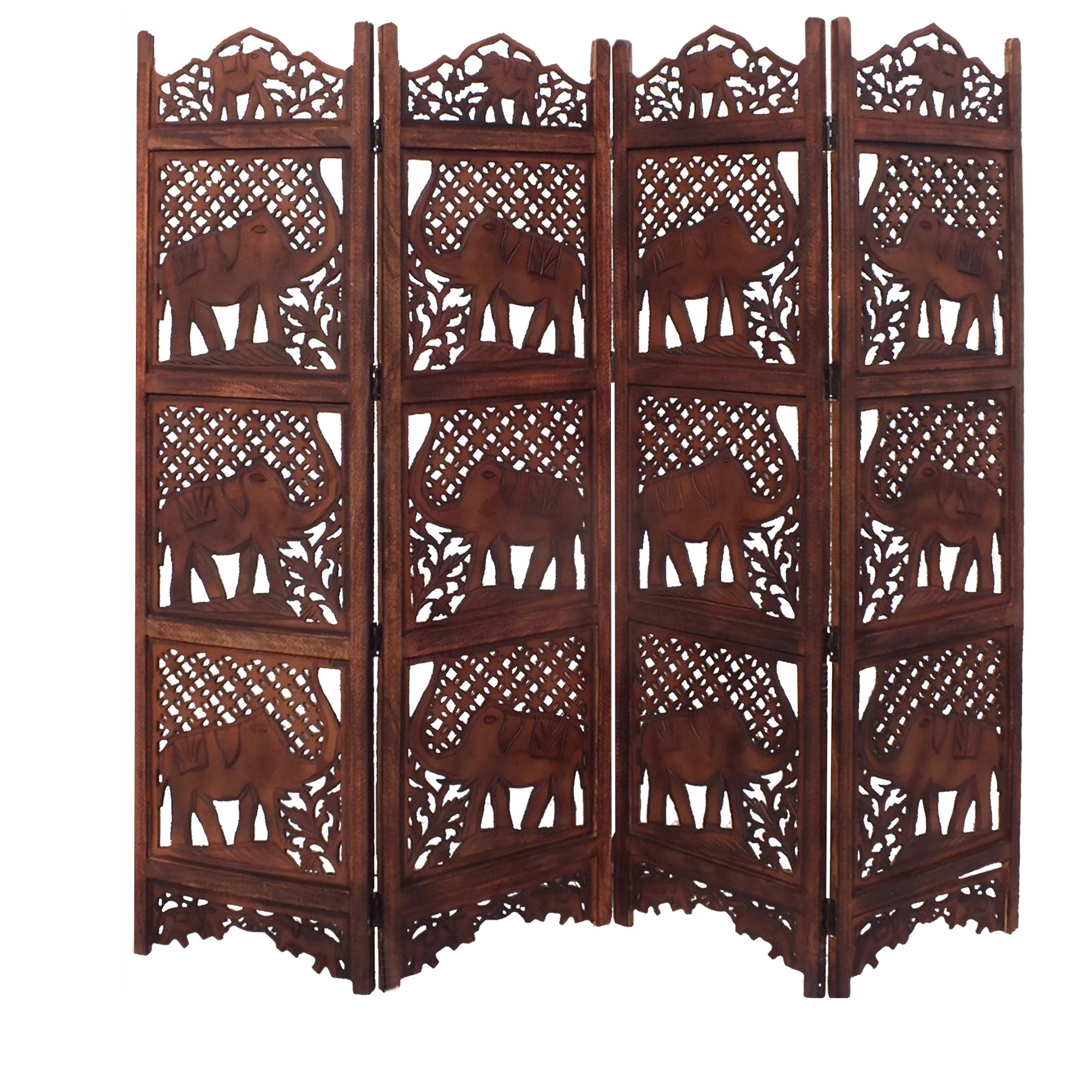Zofi Hand Carved Elephant Design Foldable 4 Panel Wooden Room Divider, Brown