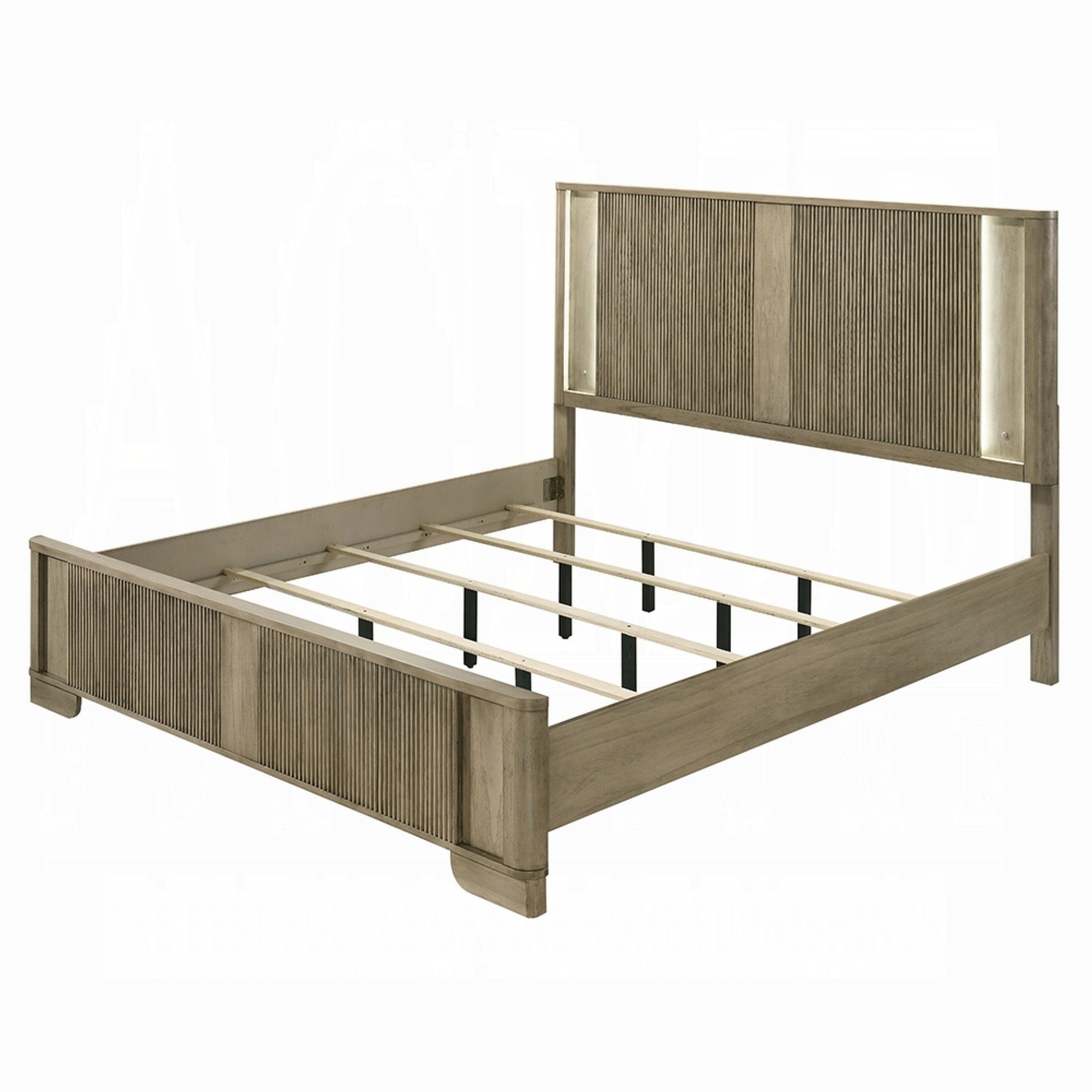 Leky Queen Bed, LED Headboard, Fluted Patterns, Antique Oak Brown Wood
