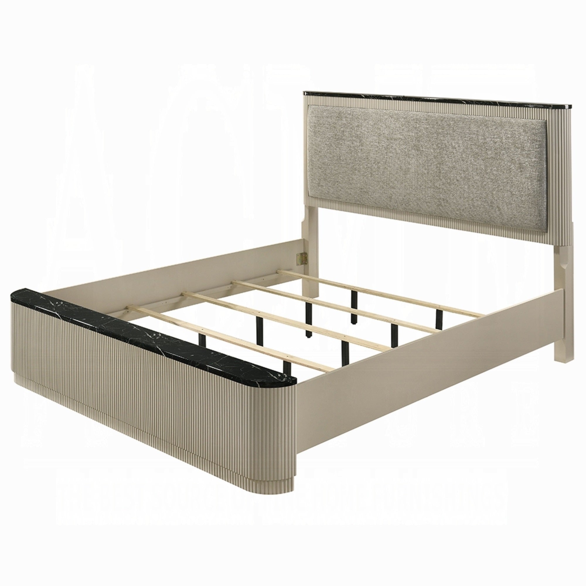 Trex King Bed, Gray Linen Upholstery, Marble Print Tops, Fluted Beige Wood