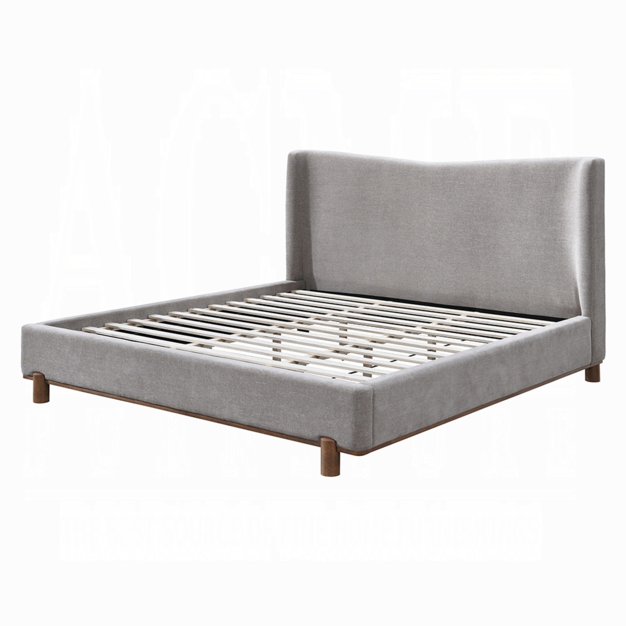 Mely Queen Platform Bed, Wingback Headboard Gray Chenille Upholstery, Brown