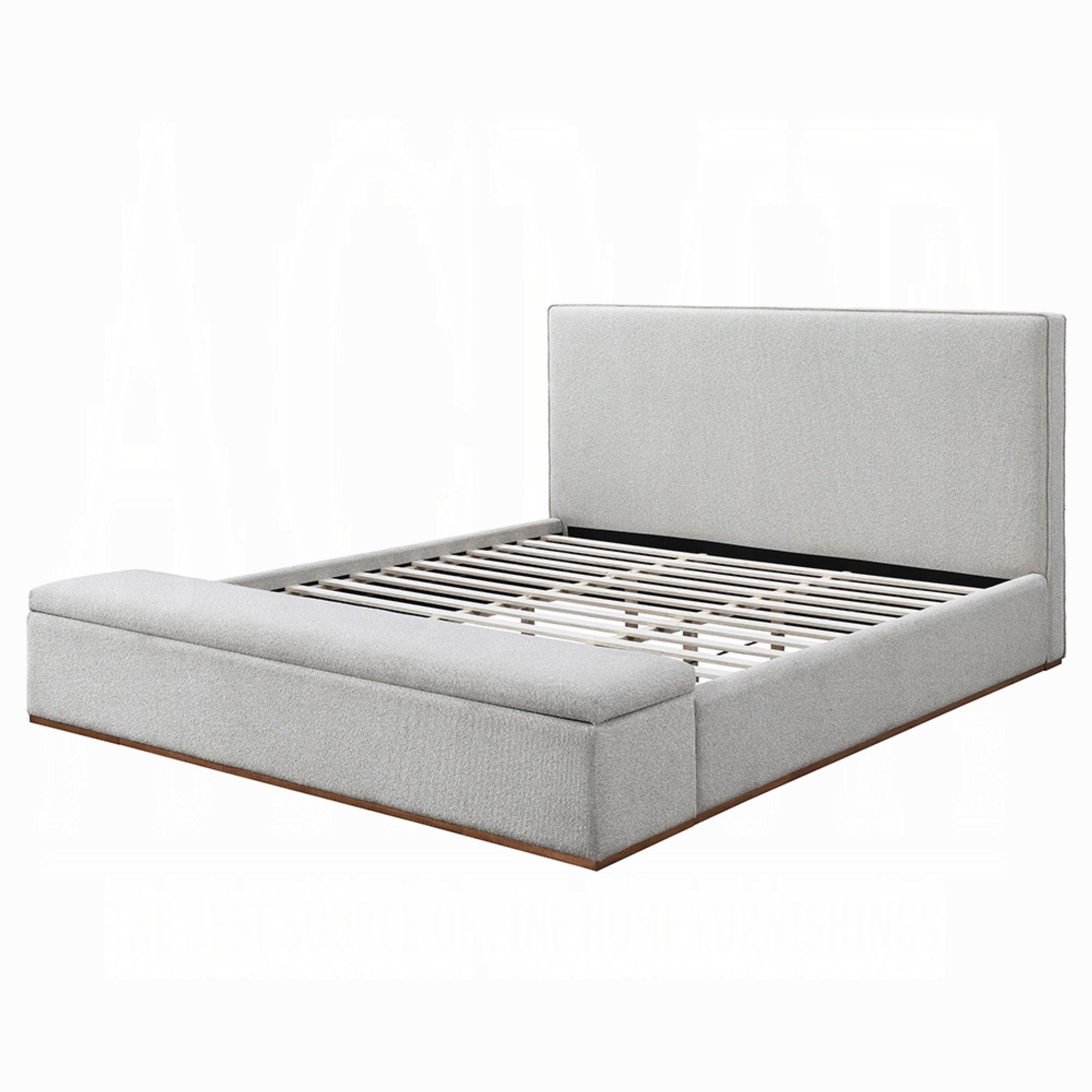 Bex Queen Platform Bed, Lift Top Storage Bench Gray Linen Upholstery, Brown