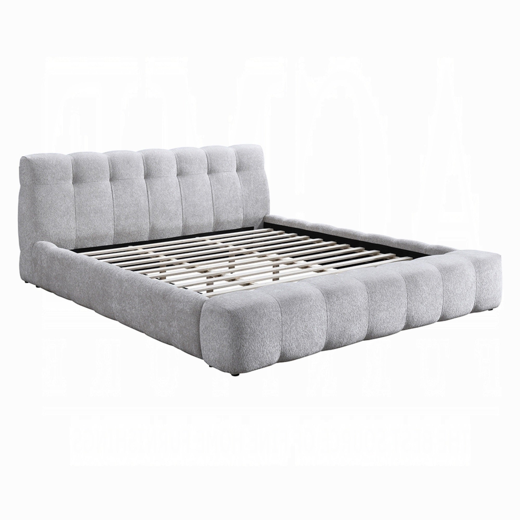 Nah King Platform Bed with Bench, Grid Tufted, Channeled Gray Chenille