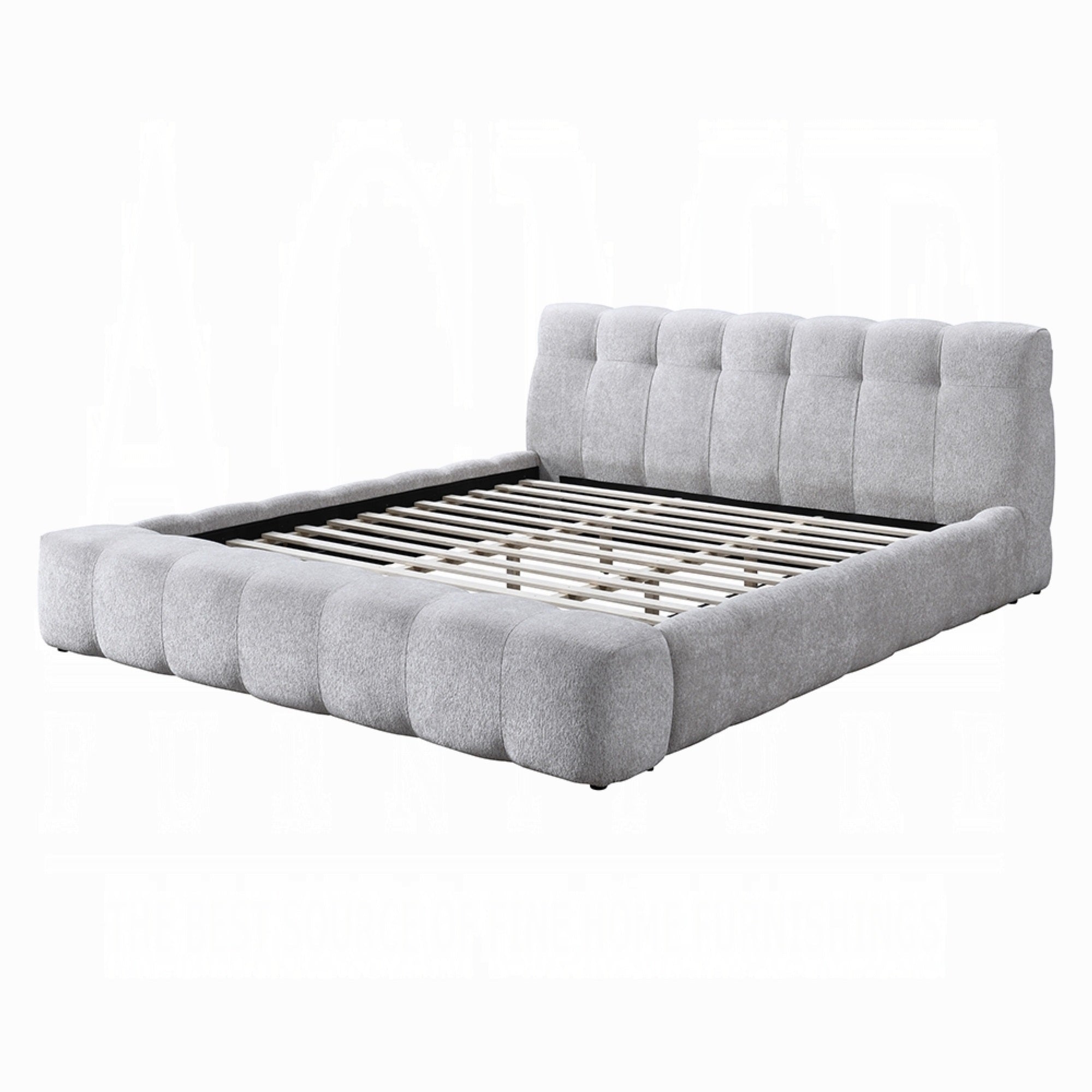 Nah Queen Platform Bed with Bench, Grid Tufted, Channeled Gray Chenille