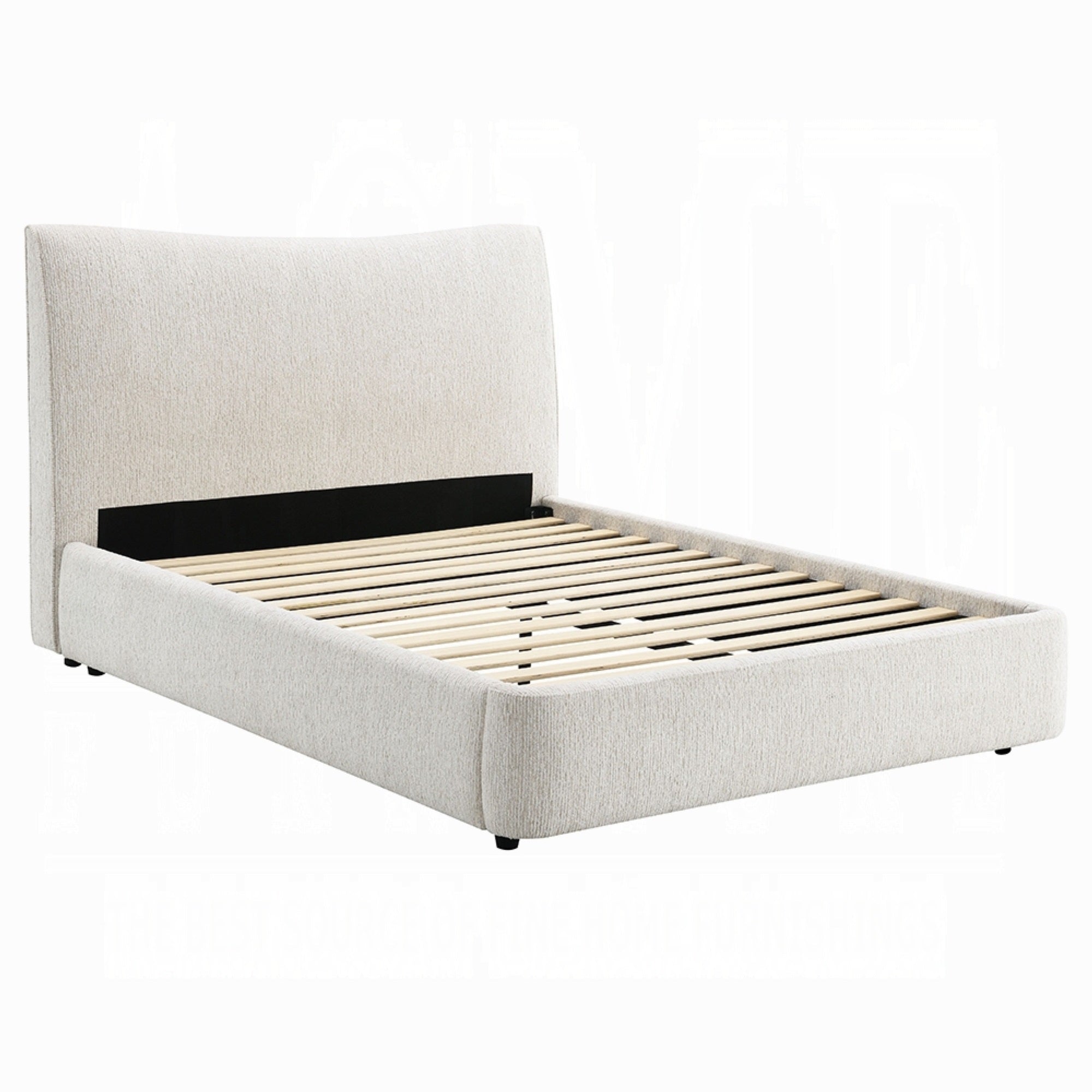 Rery Full Size Bed, Beige Chenille Padded Upholstery, Low Profile Platform