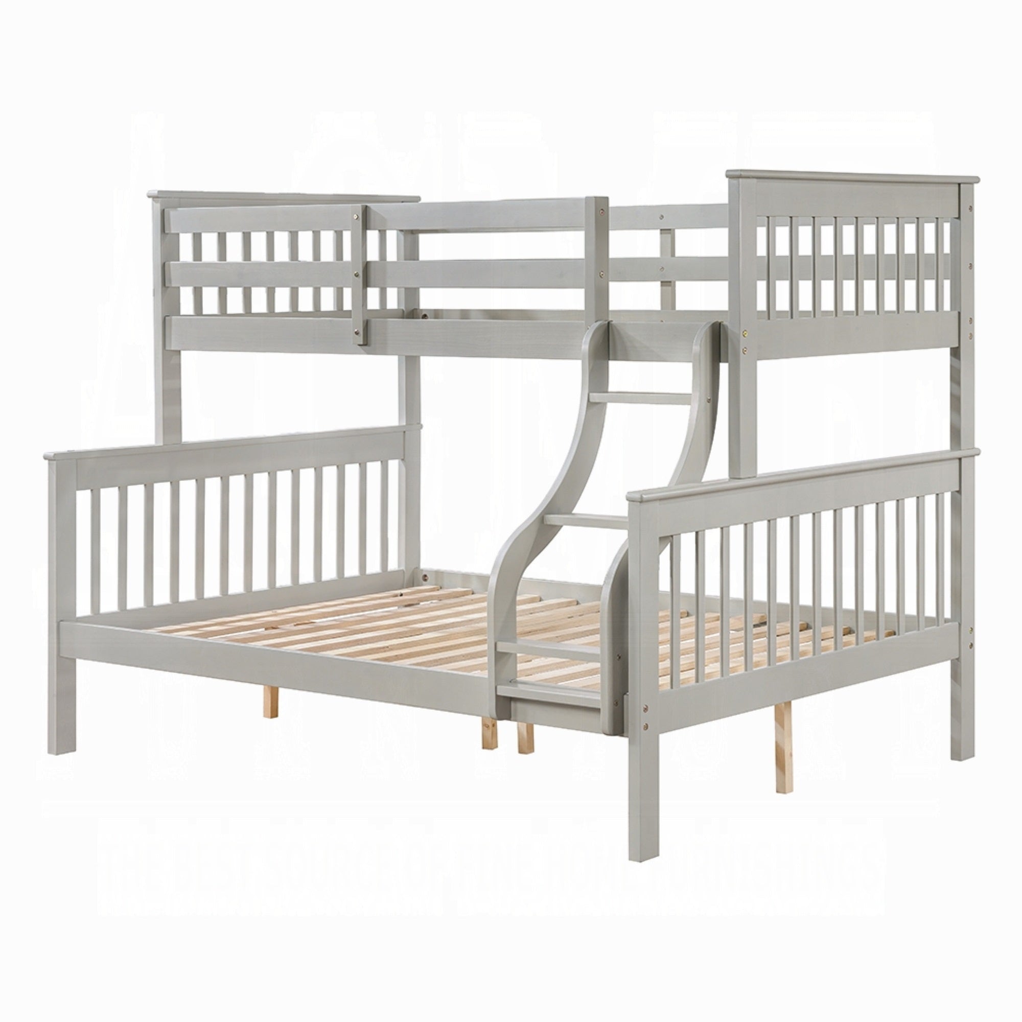 Rita Twin over Full Bunk Bed, Slatted Frame, Fixed Ladder, Gray and Brown