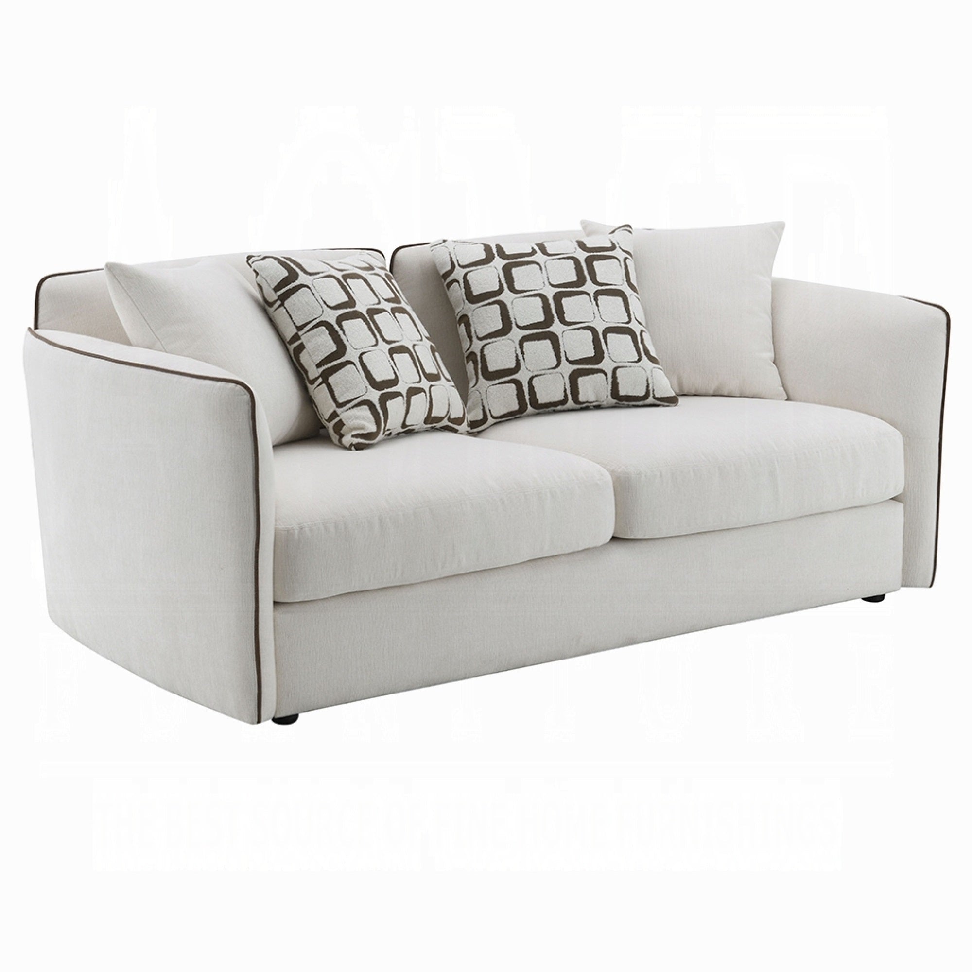 Yoda Loveseat with 4 Pillows, Foam Beige Chenille, Brown Trim, 73 Inch