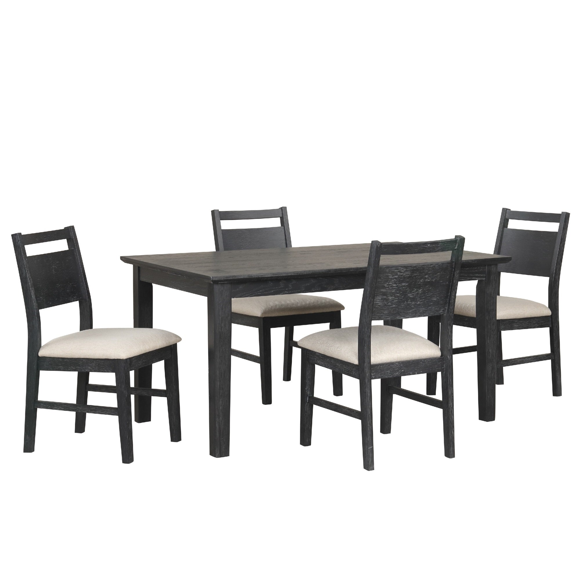 Saby 5pc Dining Table Set, 4 Side Chairs, Black Rubberwood, Light Brown